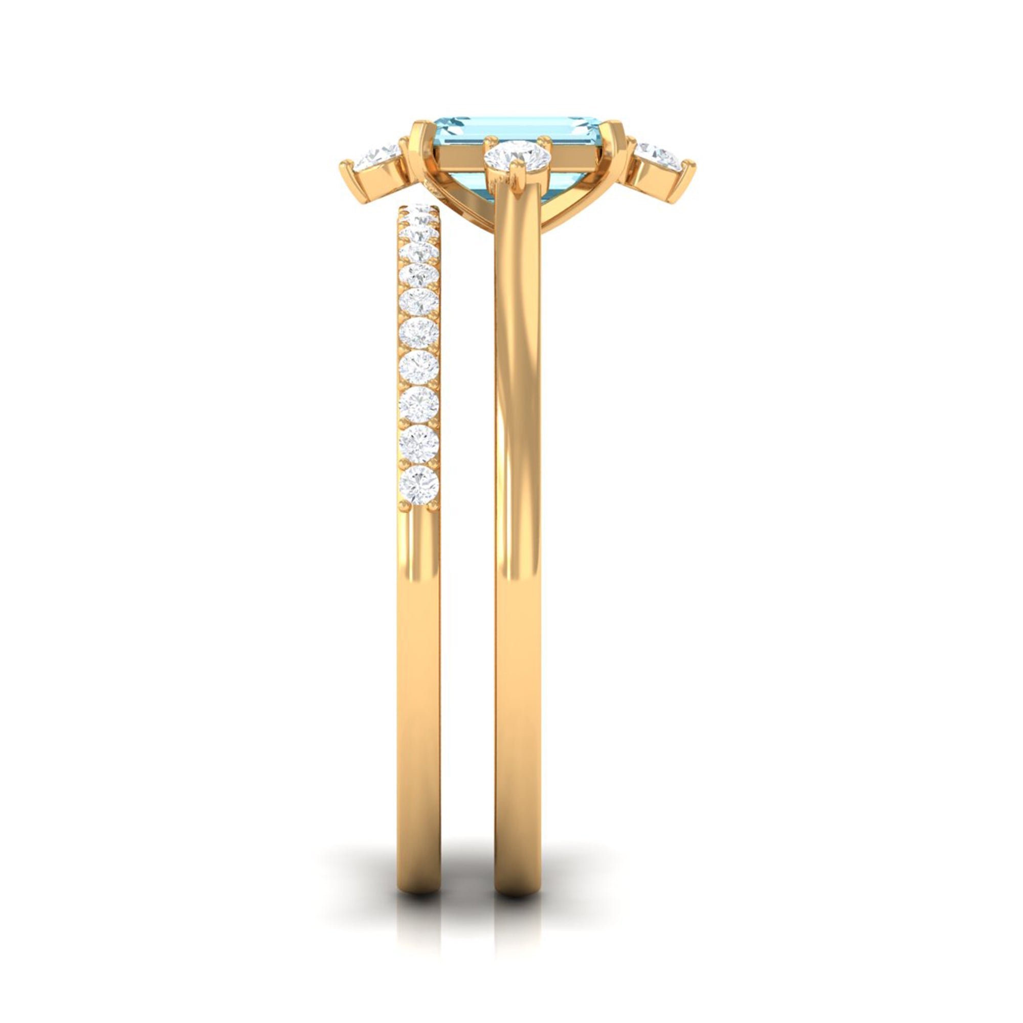 Rosec Jewels-Emerald Cut Genuine Aquamarine and Diamond Designer Engagement Ring Set