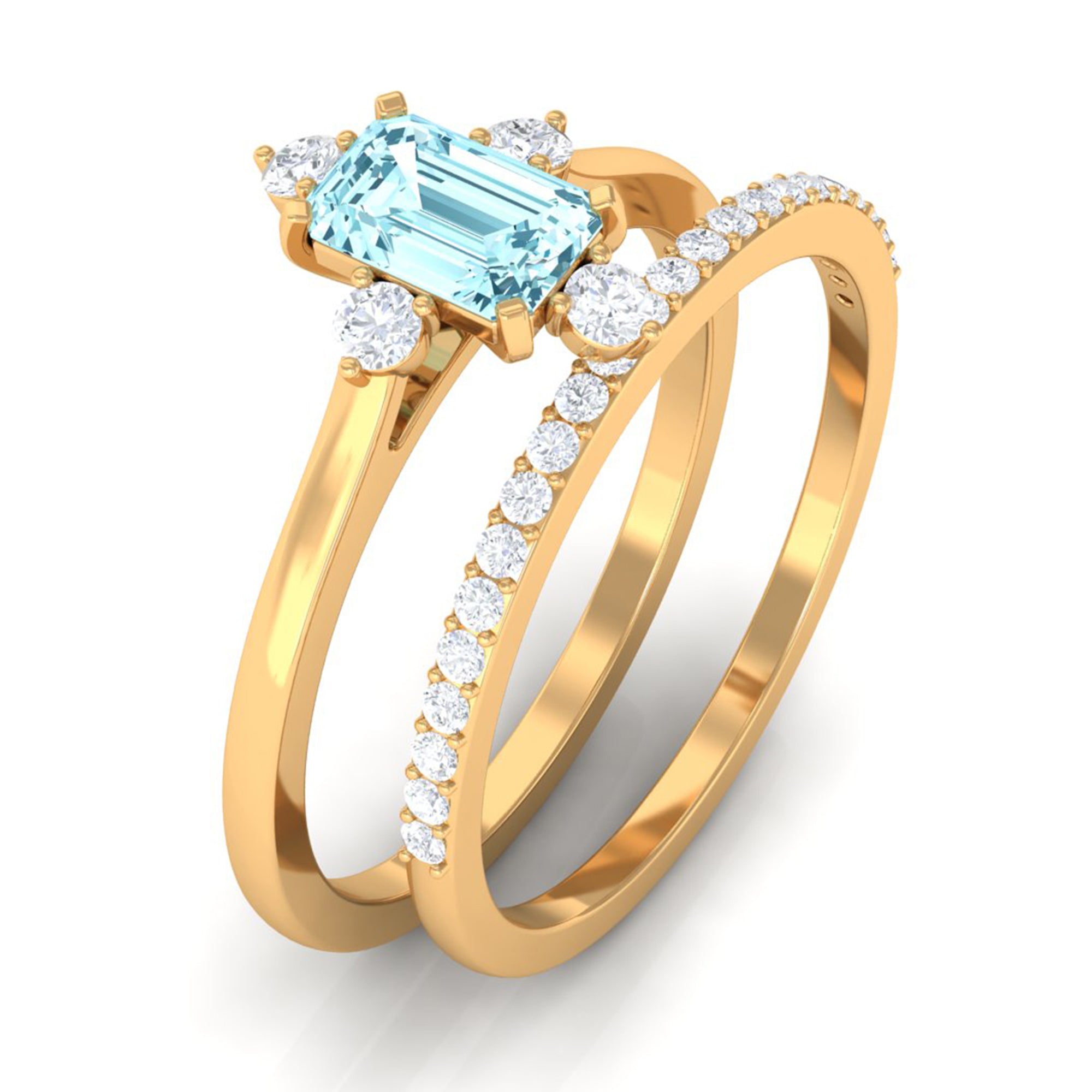 Rosec Jewels-Emerald Cut Genuine Aquamarine and Diamond Designer Engagement Ring Set