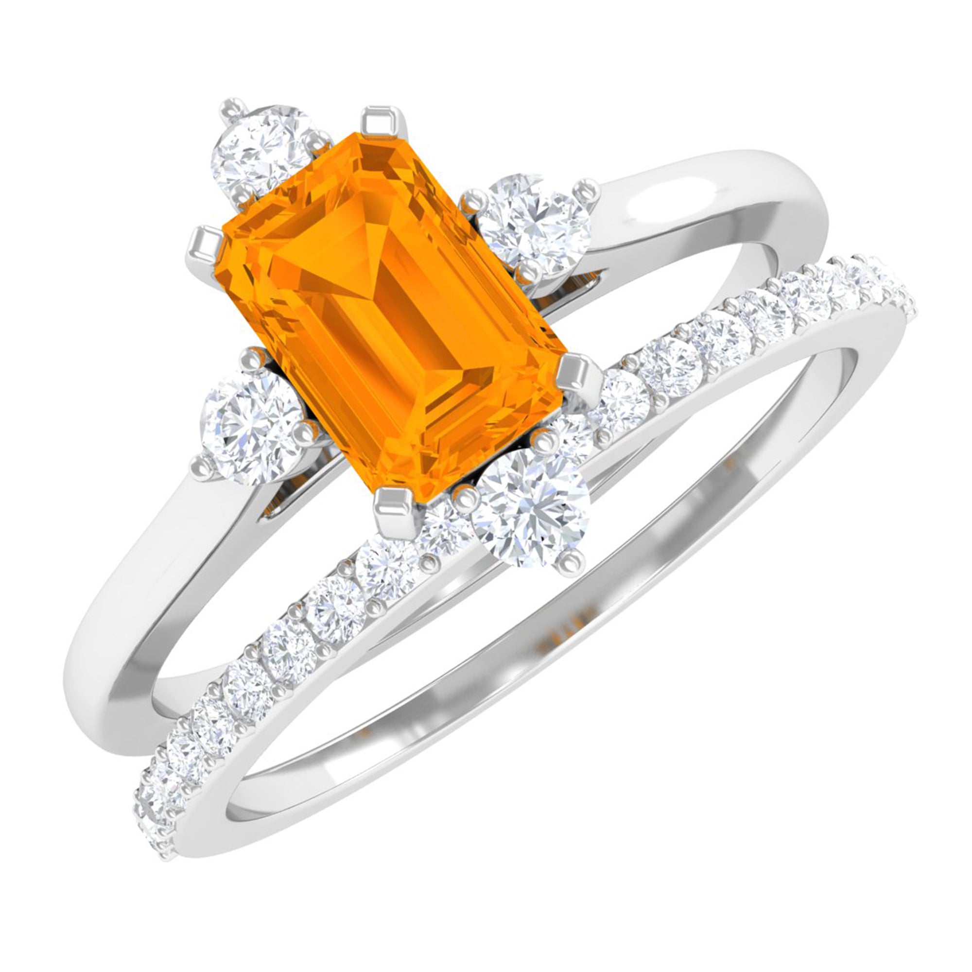 1.25 Carat Emerald Cut Fire Opal Solitaire Ring Set with Diamond Fire Opal - ( AAA ) - Quality - Rosec Jewels
