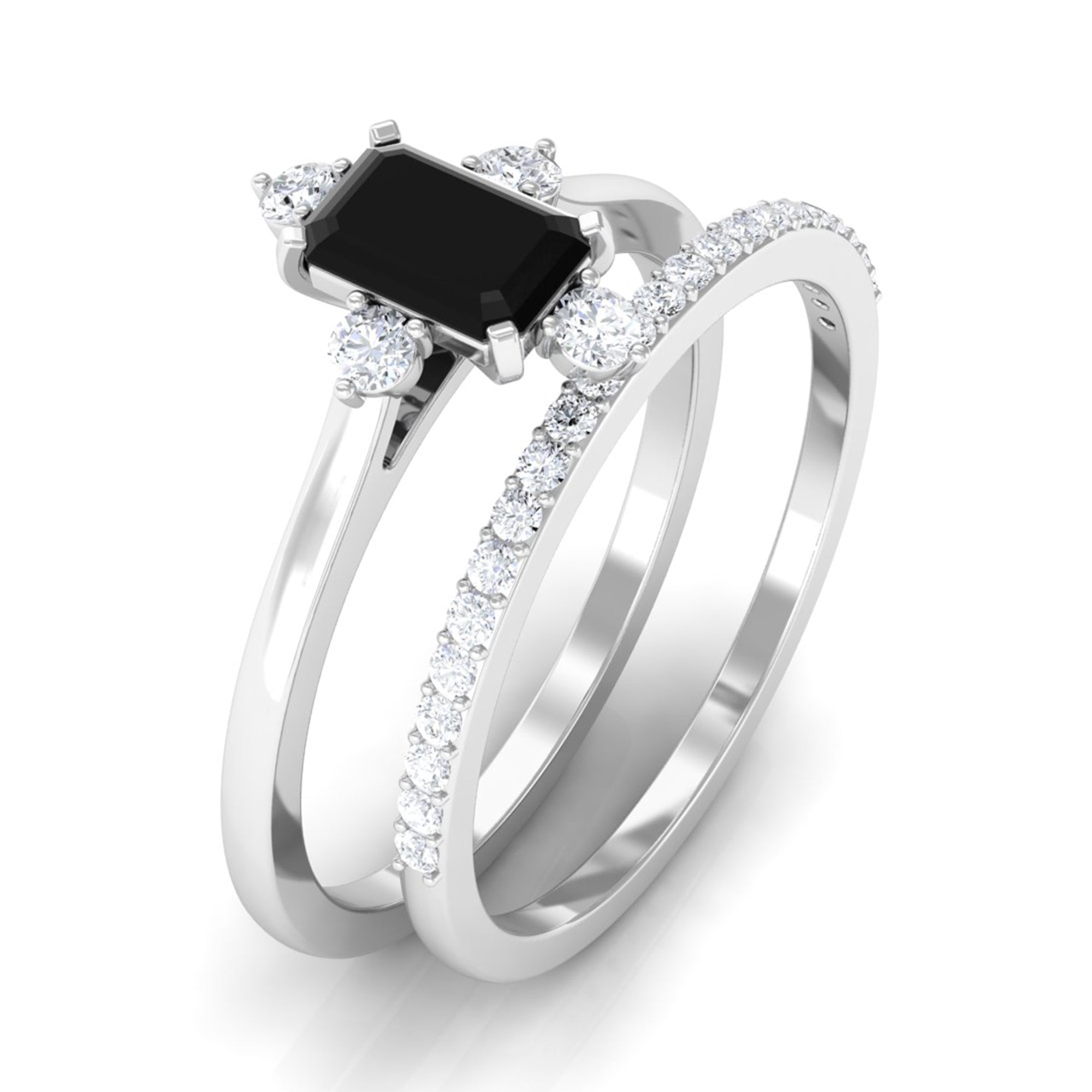 1.25 Ct Octagon Solitaire Black Onyx and Diamond Ring Set Black Onyx - ( AAA ) - Quality - Rosec Jewels