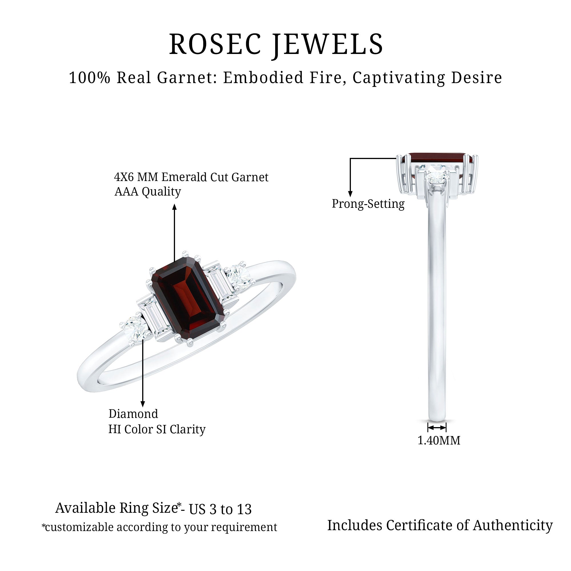 Certified Garnet Emerald Cut Engagement Ring with Real Diamond AAA - Rosec Jewels