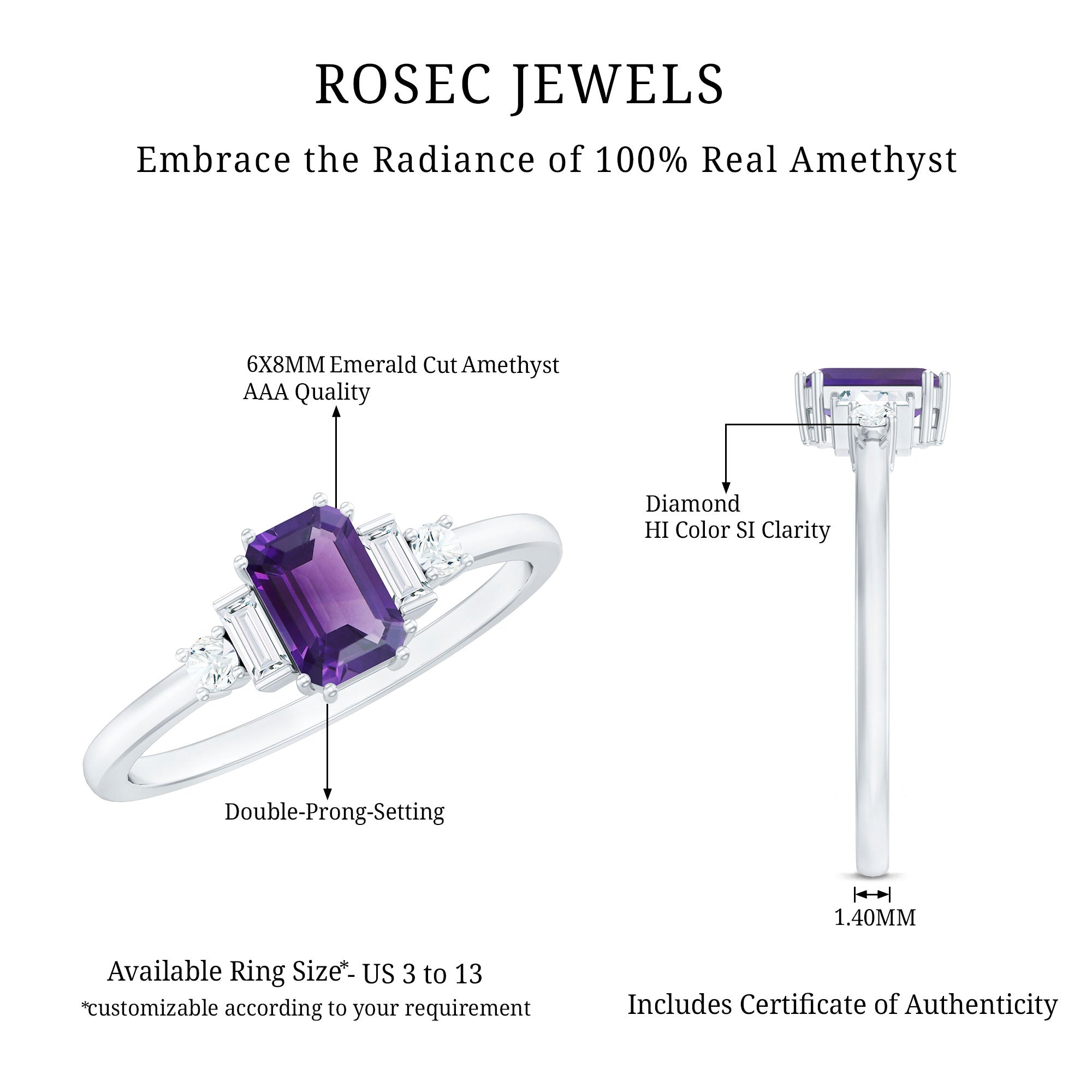 1.4 Carat Amethyst Emerald Cut Engagement Ring with Diamond AAA - Rosec Jewels