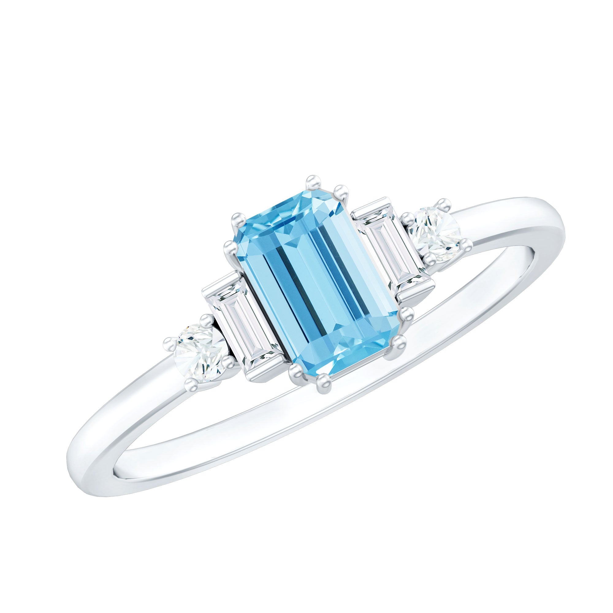Rosec Jewels-Real 0.6 Carat Aquamarine Emerald Cut Engagement Ring with Diamond
