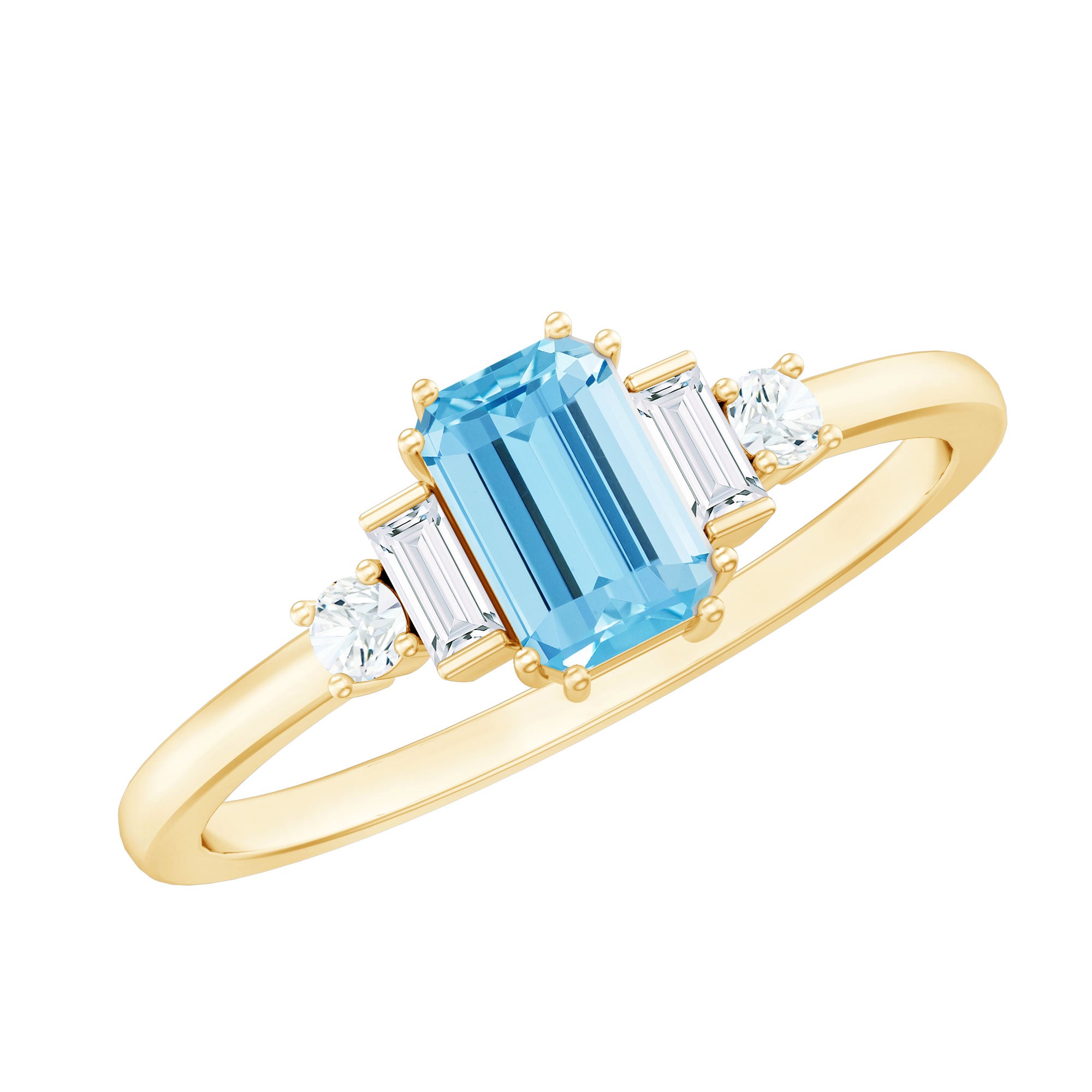 Rosec Jewels-Real 0.6 Carat Aquamarine Emerald Cut Engagement Ring with Diamond
