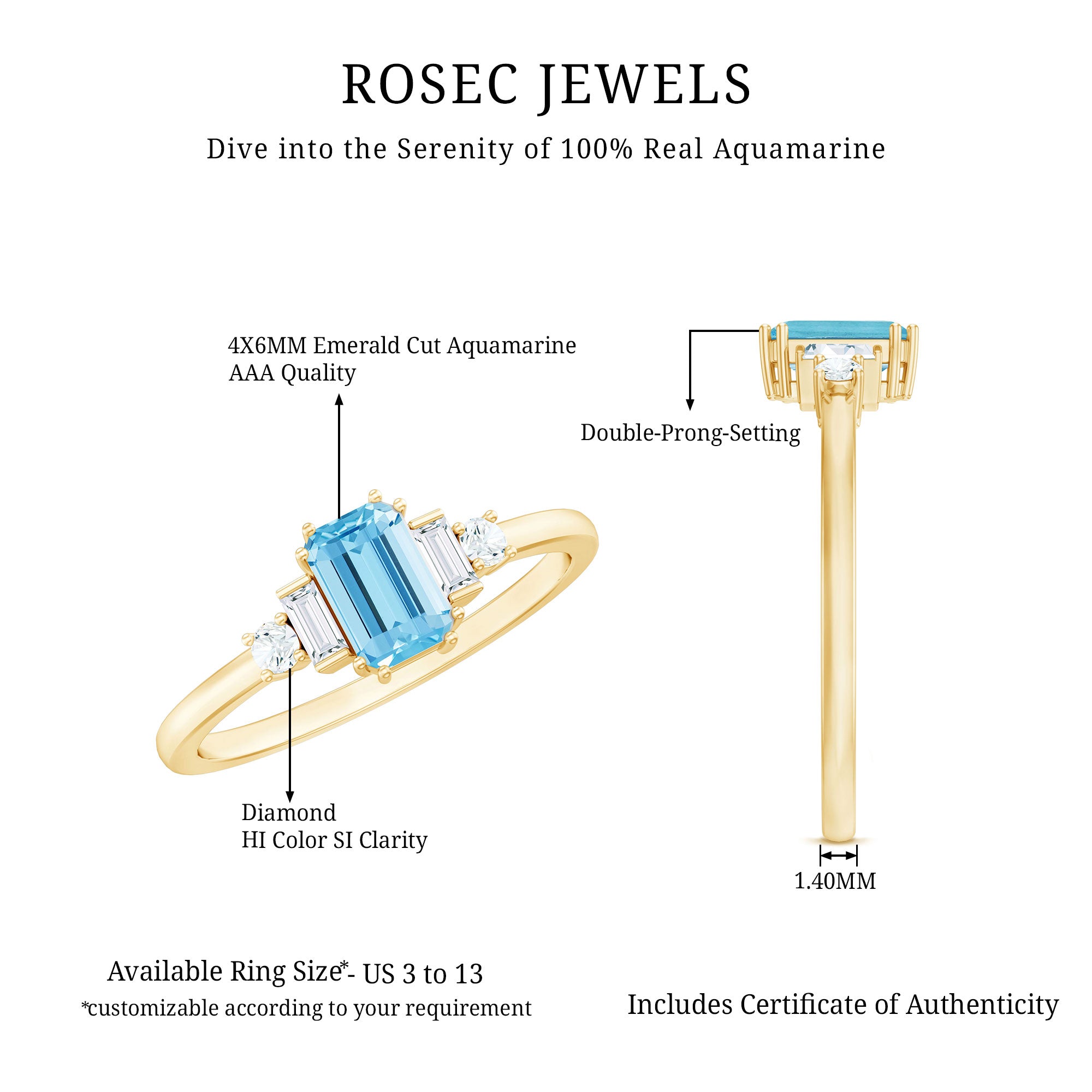 Rosec Jewels-Real 0.6 Carat Aquamarine Emerald Cut Engagement Ring with Diamond