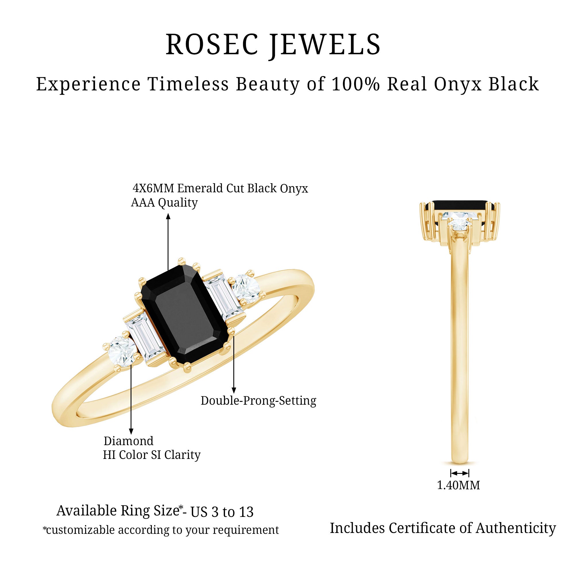 Rosec Jewels-Emerald Cut Black Onyx Engagement Ring with Diamonds