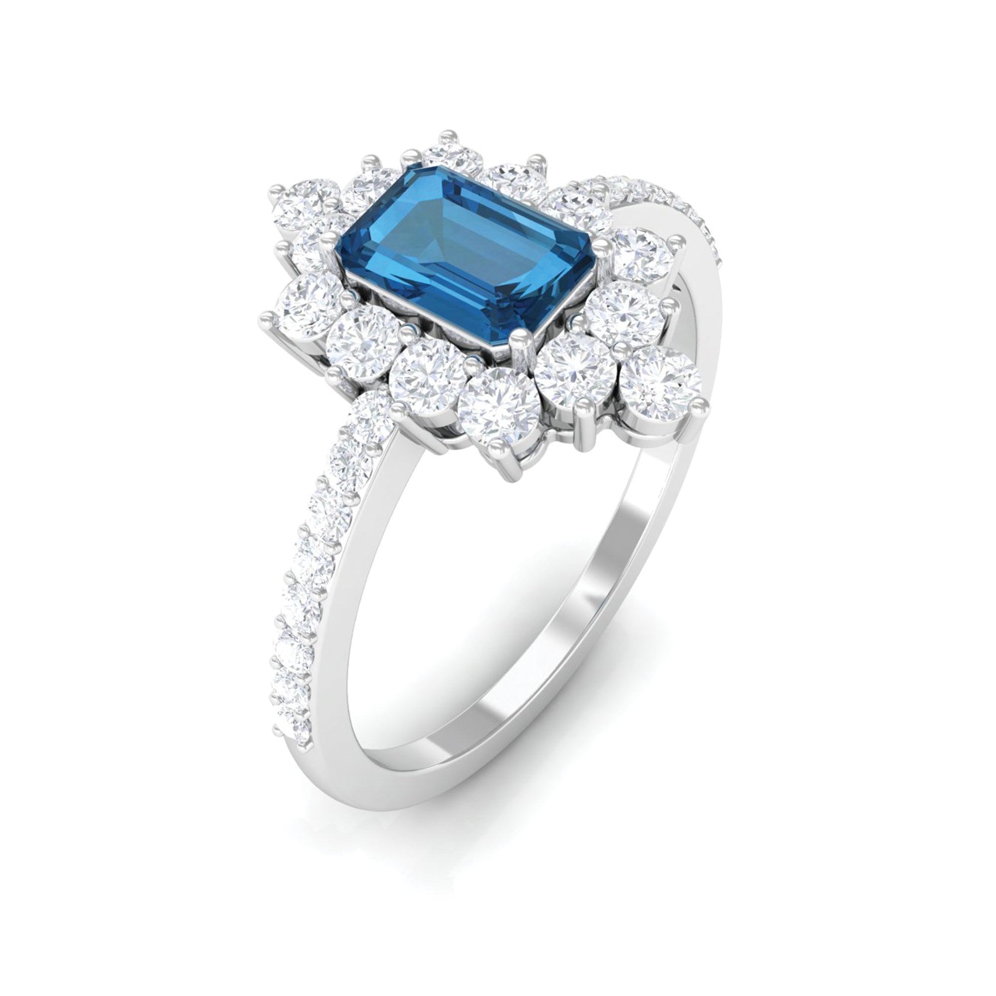 2 CT Vintage London Blue Topaz Ring with Diamond Halo London Blue Topaz - ( AAA ) - Quality - Rosec Jewels