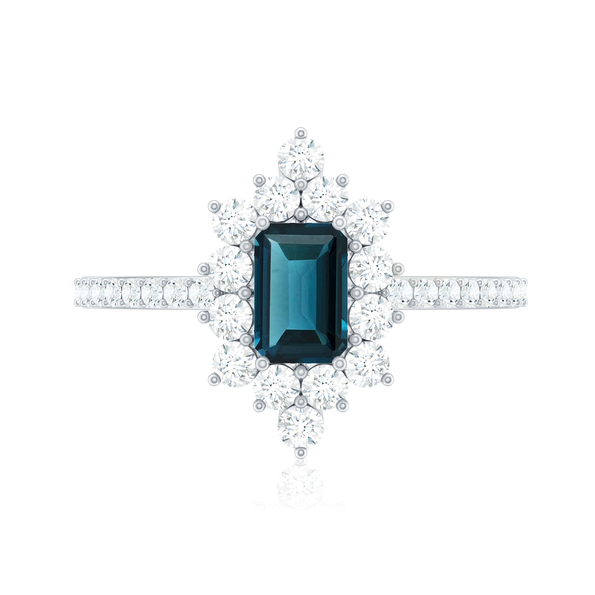 Rosec Jewels-4X6mm Emerald Cut London Blue Topaz Antique Looking Engagement Ring with Diamond Halo