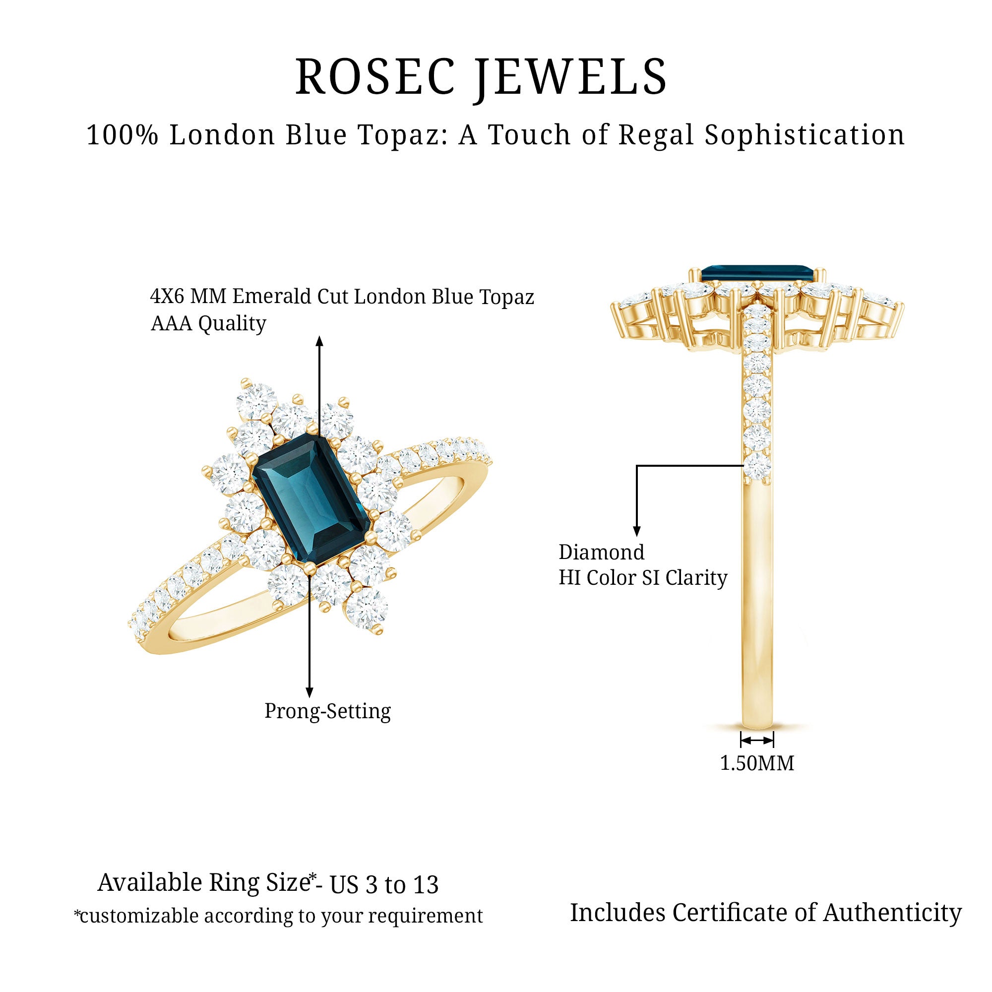 Rosec Jewels-4X6mm Emerald Cut London Blue Topaz Antique Looking Engagement Ring with Diamond Halo