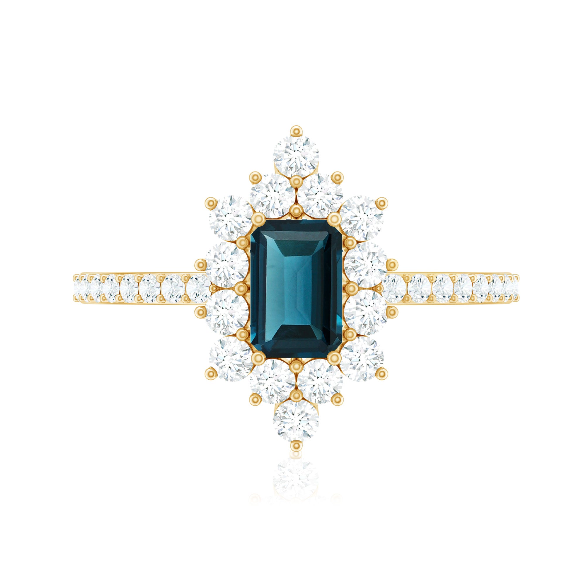 Rosec Jewels-4X6mm Emerald Cut London Blue Topaz Antique Looking Engagement Ring with Diamond Halo