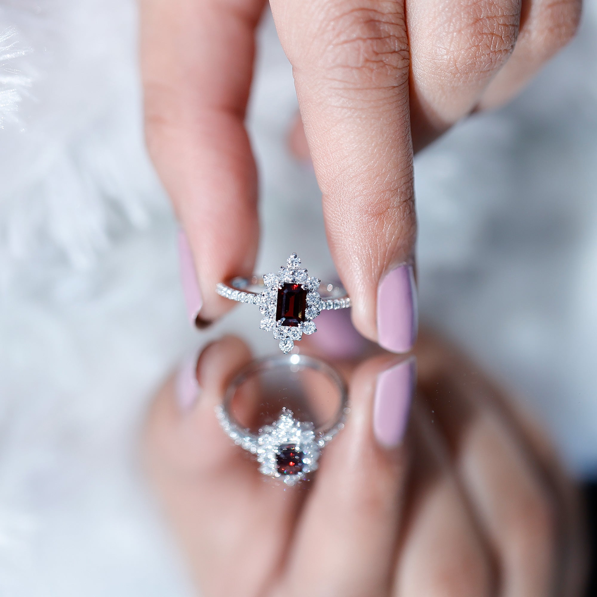 Vintage Inspired Garnet Emerald Cut Engagement Ring with Diamond Halo AAA - Rosec Jewels