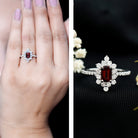 Vintage Inspired Garnet Emerald Cut Engagement Ring with Diamond Halo AAA - Rosec Jewels