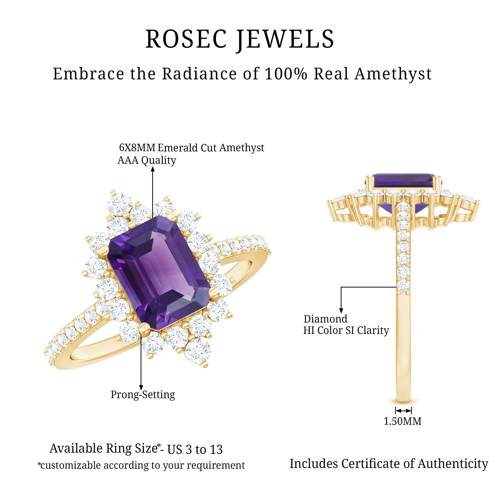Vintage Style 1.4 Carat Emerald Cut Amethyst Engagement Ring with Diamonds AAA - Rosec Jewels
