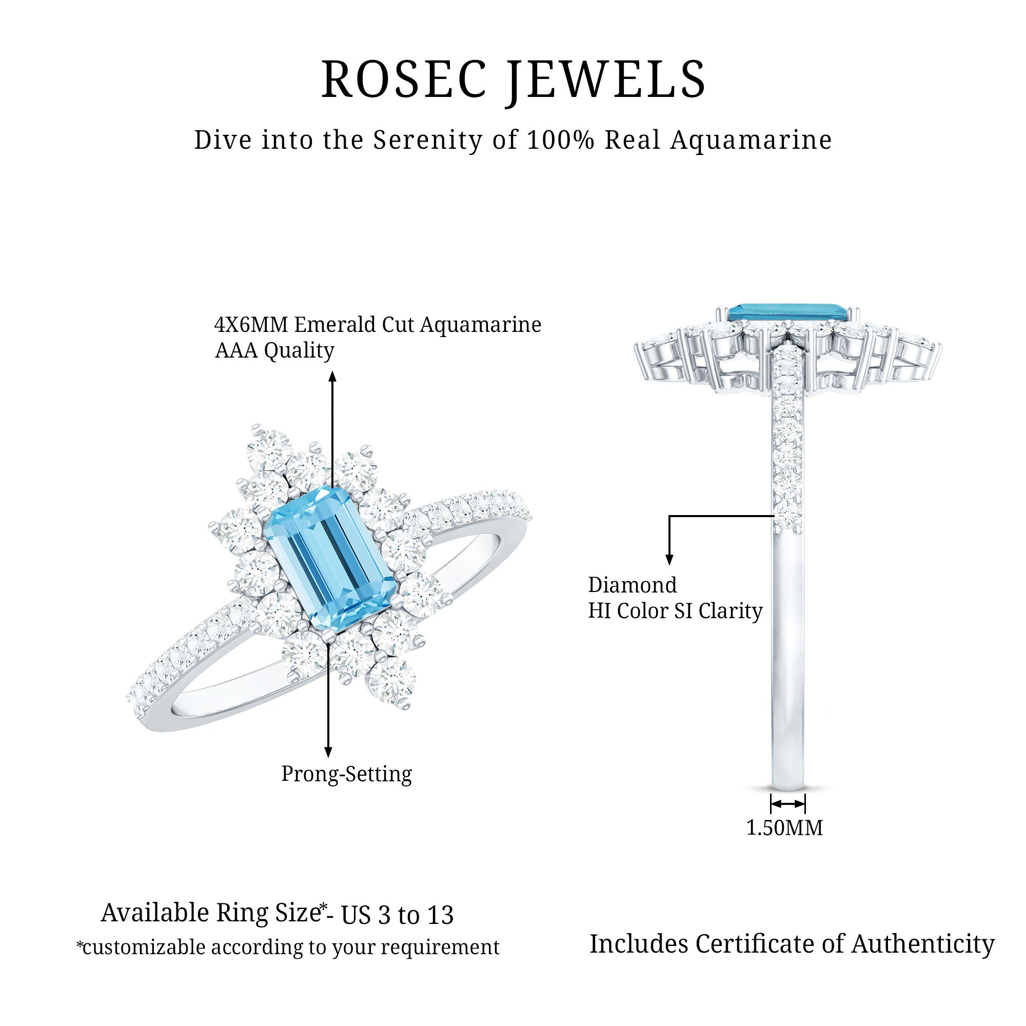 Vintage Looking Aquamarine and Diamond Halo Engagement Ring AAA - Rosec Jewels