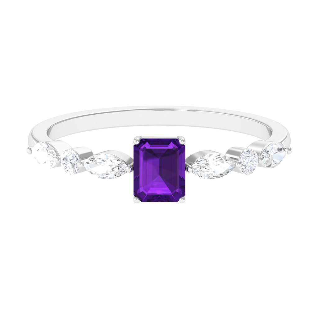 Octagon Amethyst Solitaire Ring with Diamond Side Stones Amethyst - ( AAA ) - Quality - Rosec Jewels