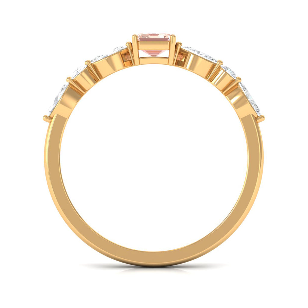 Emerald Cut Morganite Solitaire Ring with Diamond Side Stones Morganite - ( AAA ) - Quality - Rosec Jewels