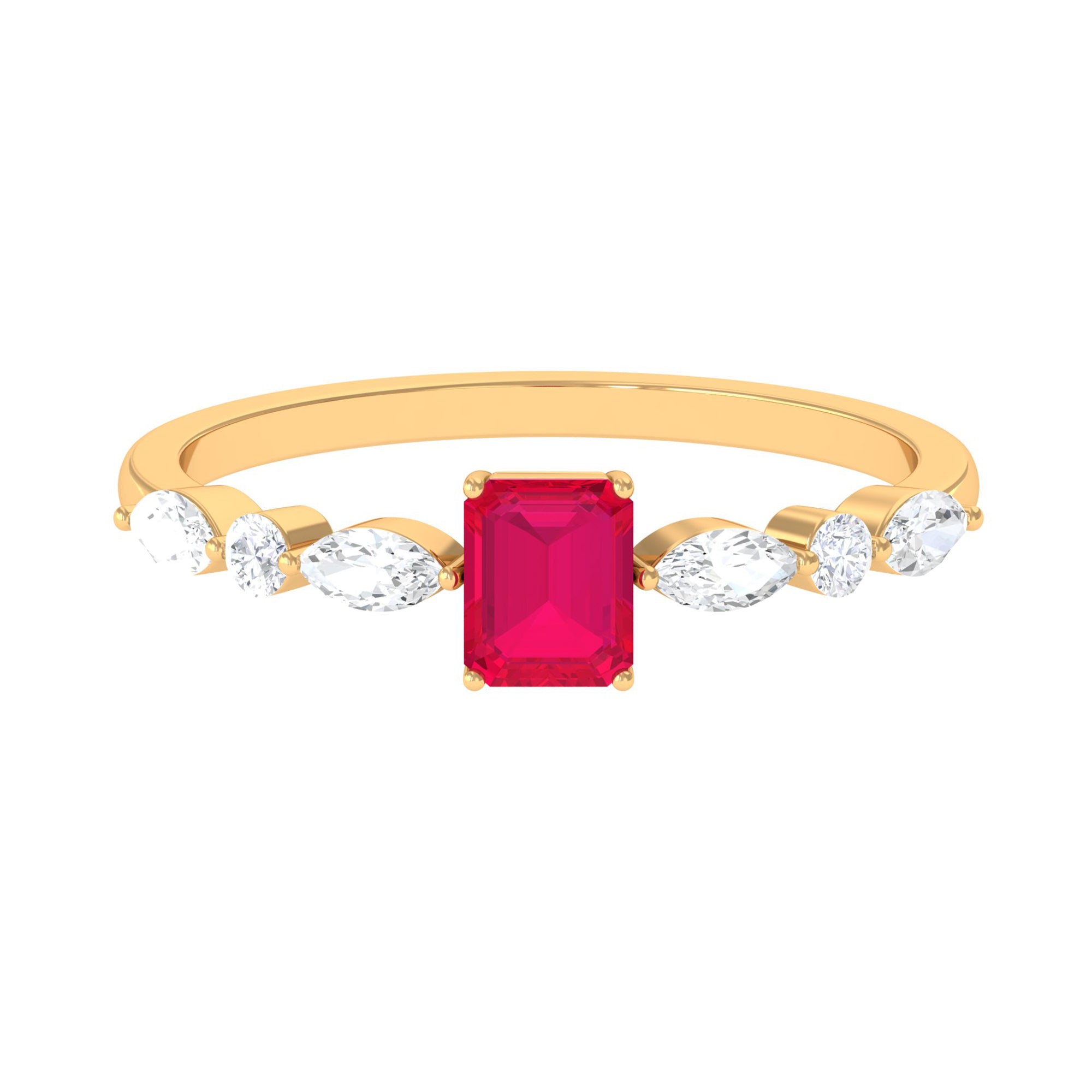 1 CT Octagon Ruby Solitaire Ring with Diamond Side Stones Ruby - ( AAA ) - Quality - Rosec Jewels