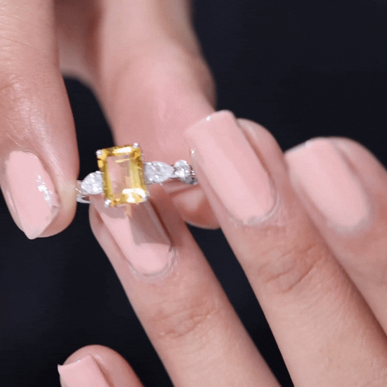 Rosec Jewels-Genuine 6X8mm Citrine Emerald Cut Engagement Ring with Moissanite Side Stones