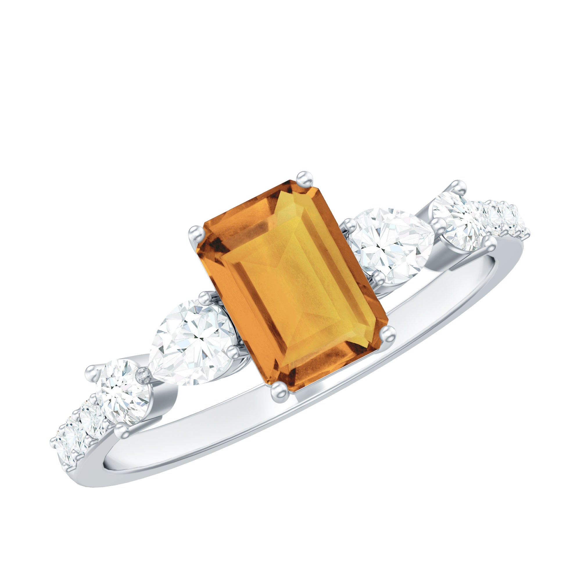 Rosec Jewels-Genuine 6X8mm Citrine Emerald Cut Engagement Ring with Moissanite Side Stones