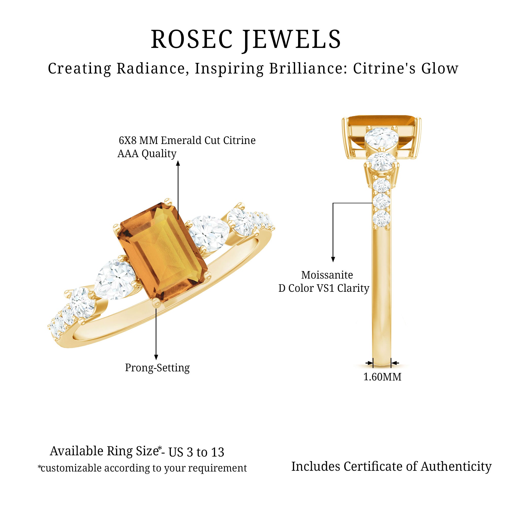 Rosec Jewels-Genuine 6X8mm Citrine Emerald Cut Engagement Ring with Moissanite Side Stones