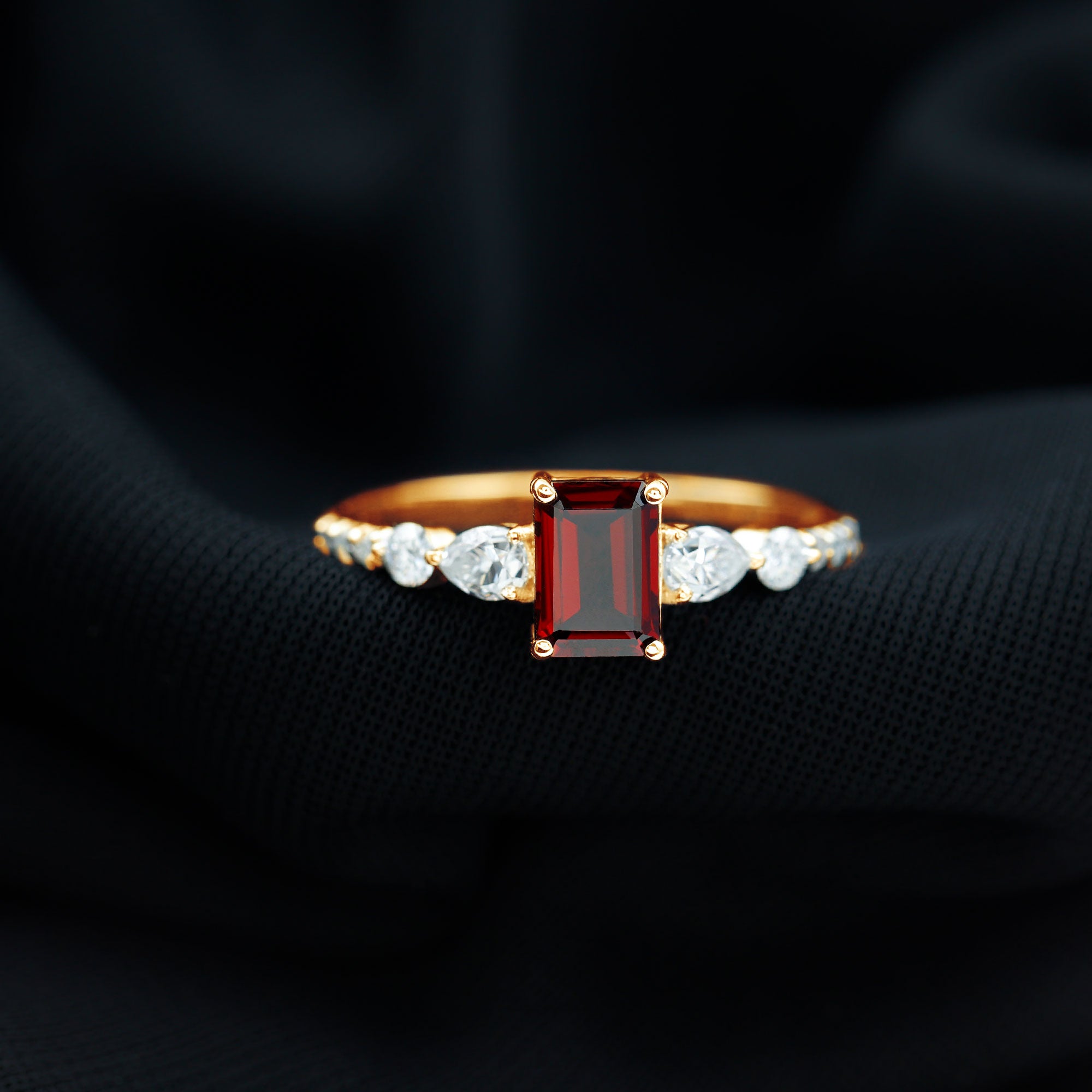 Rosec Jewels-Genuine Garnet Emerald Cut Engagement Ring with Diamond Side Stones