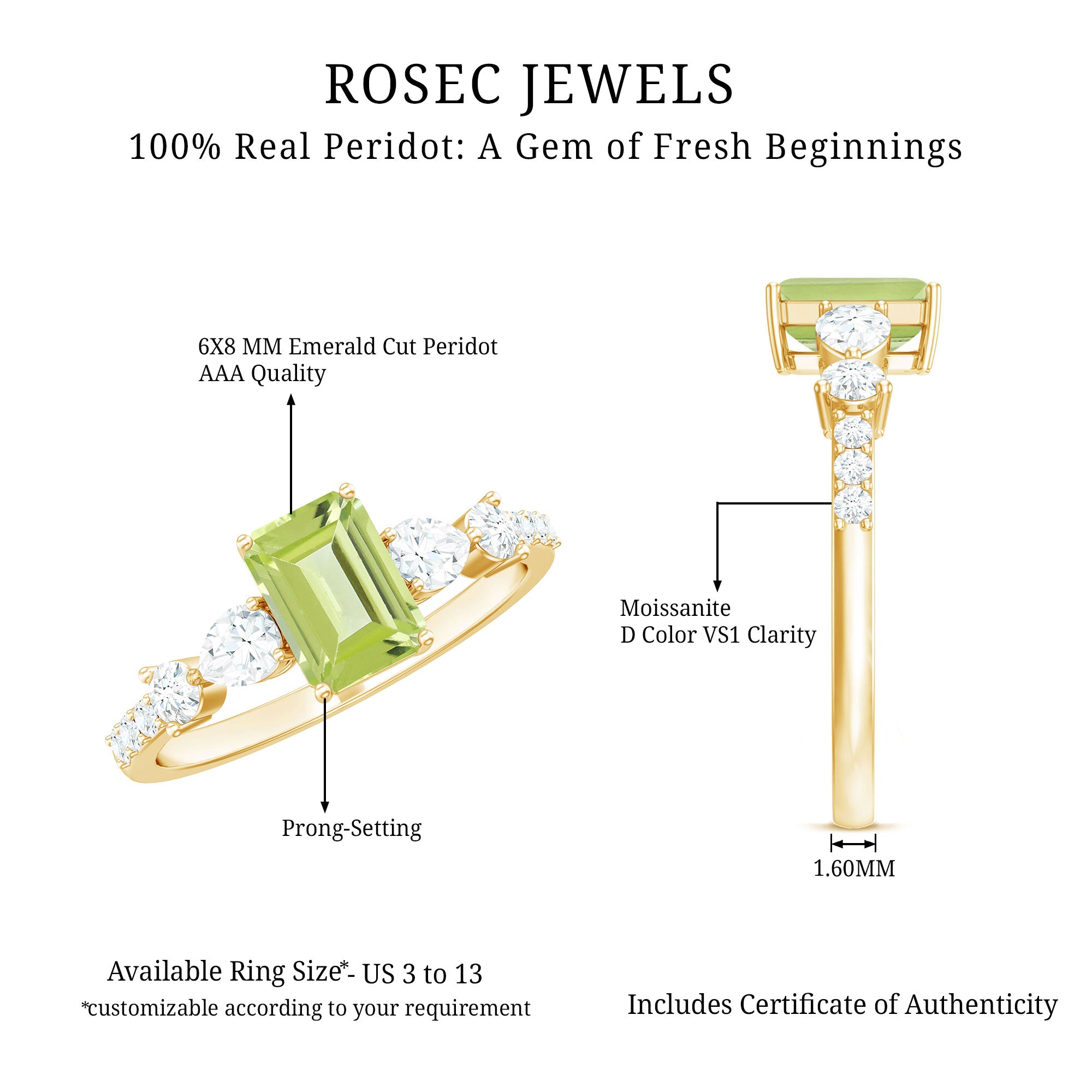 Natural 1.8 Carat Peridot Emerald Cut Engagement Ring with Side Stones AAA - Rosec Jewels