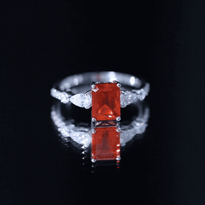 1 Carat Fire Opal Emerald Cut Engagement Ring with Diamond Side Stones AAA - Rosec Jewels