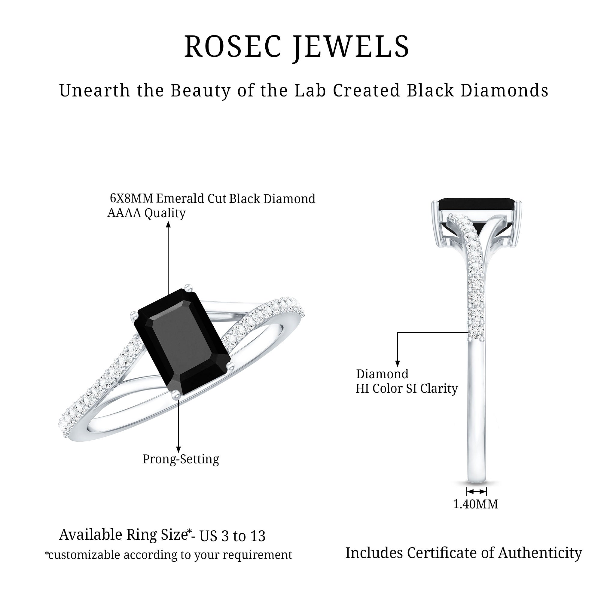 Rosec Jewels-Certified 1.6 Carat Lab Grown Black Diamond Emerald Cut Engagement Ring with White Diamond Split Shank