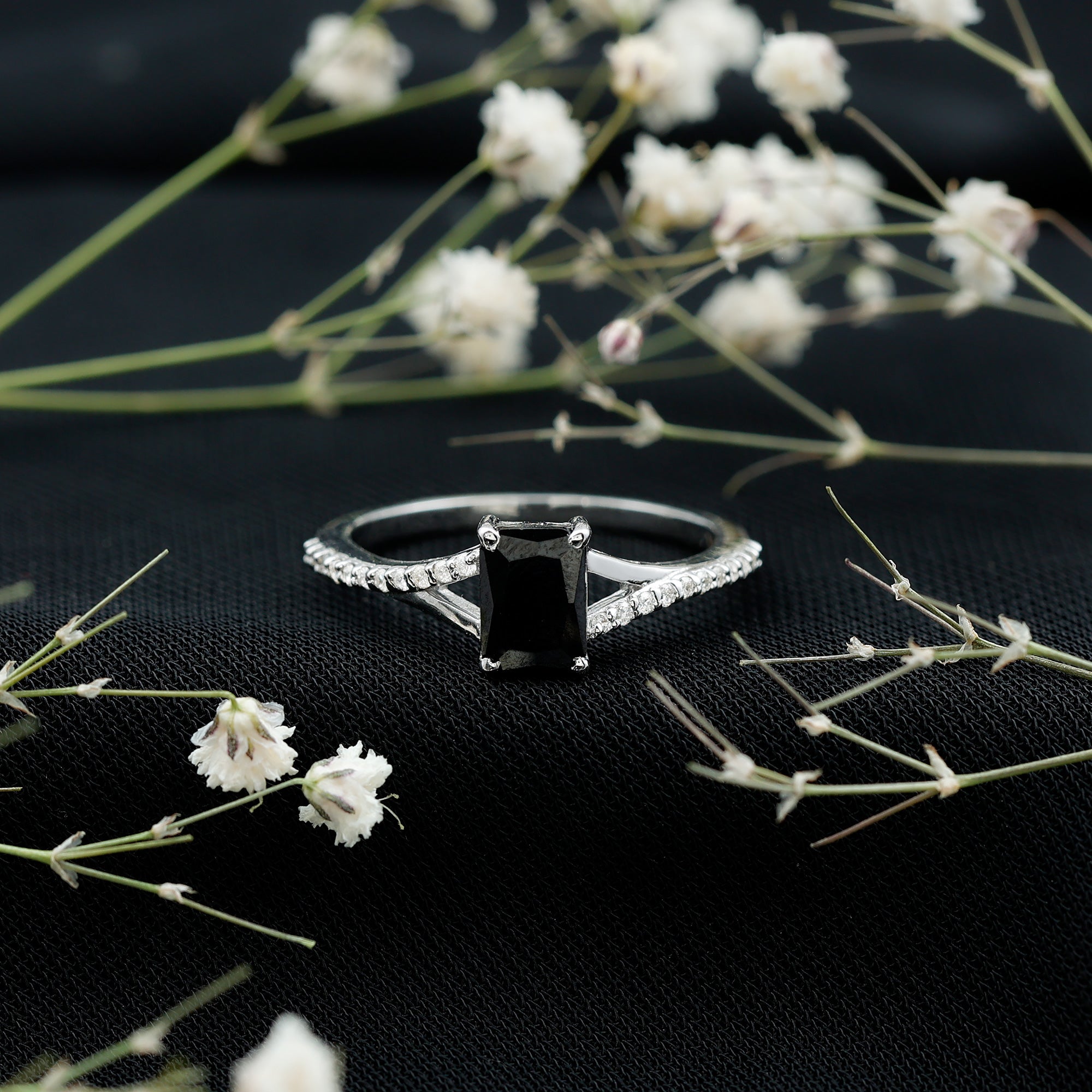 Rosec Jewels-Certified 1.6 Carat Lab Grown Black Diamond Emerald Cut Engagement Ring with White Diamond Split Shank