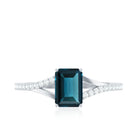6X8mm Emerald Cut London Blue Topaz Split Shank Engagement Ring with Diamond AAA - Rosec Jewels