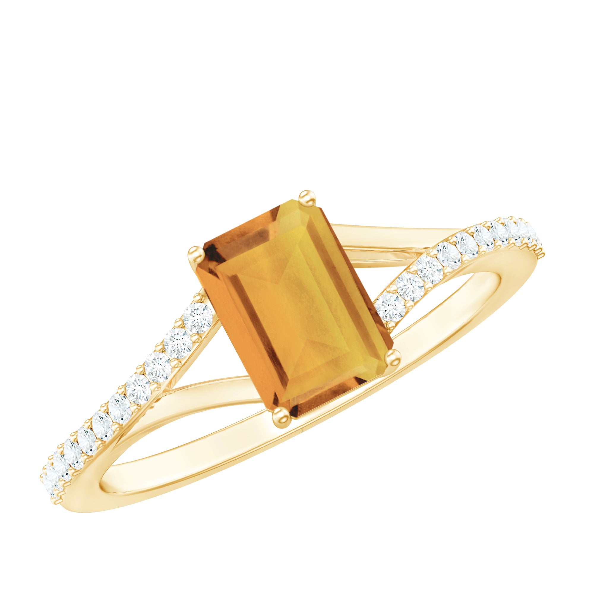 Rosec Jewels-Real Citrine Emerald Cut Engagement Ring with Diamond Split Shank