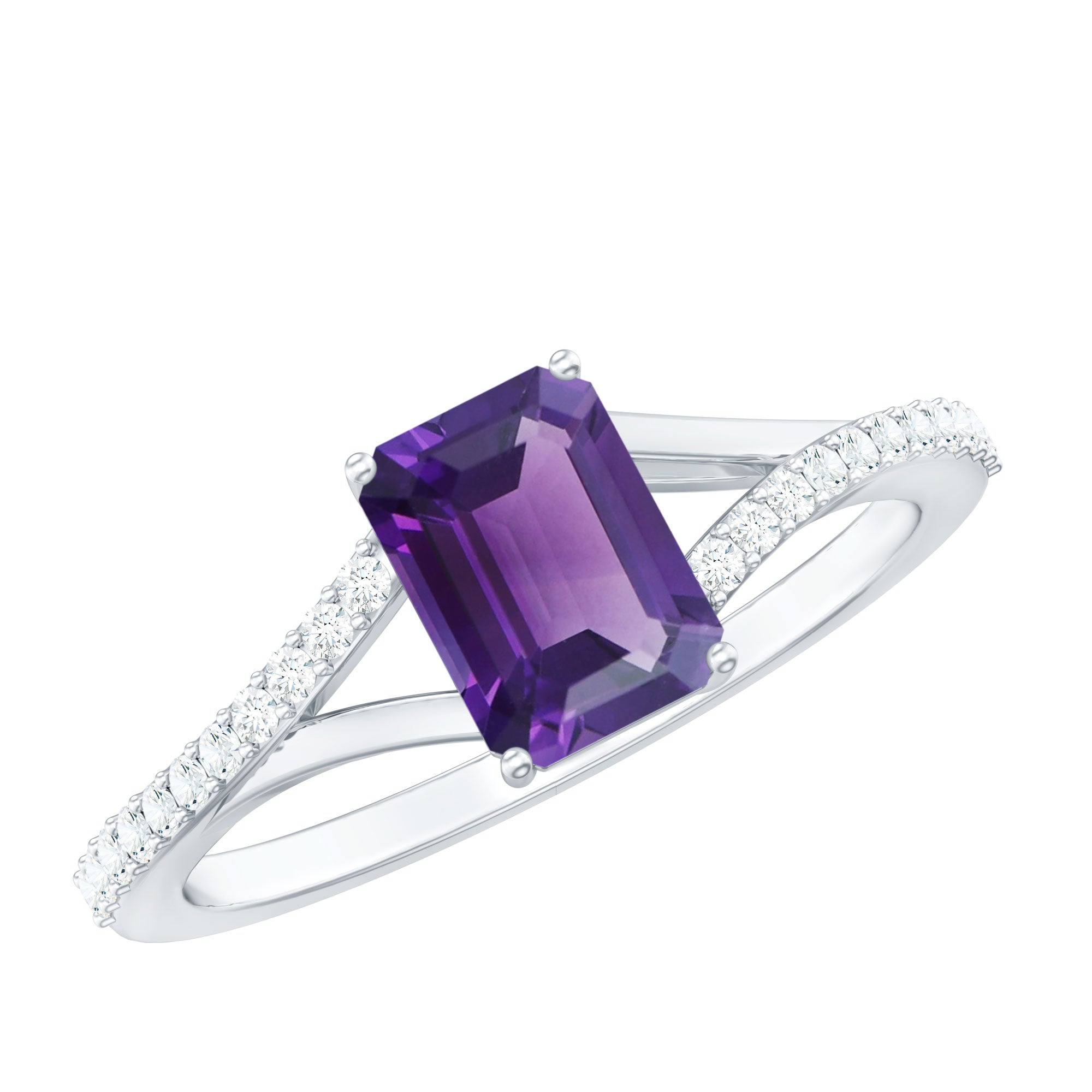 1.4 Carat Amethyst Emerald Cut Engagement Ring with Diamond Split Shank AAA - Rosec Jewels