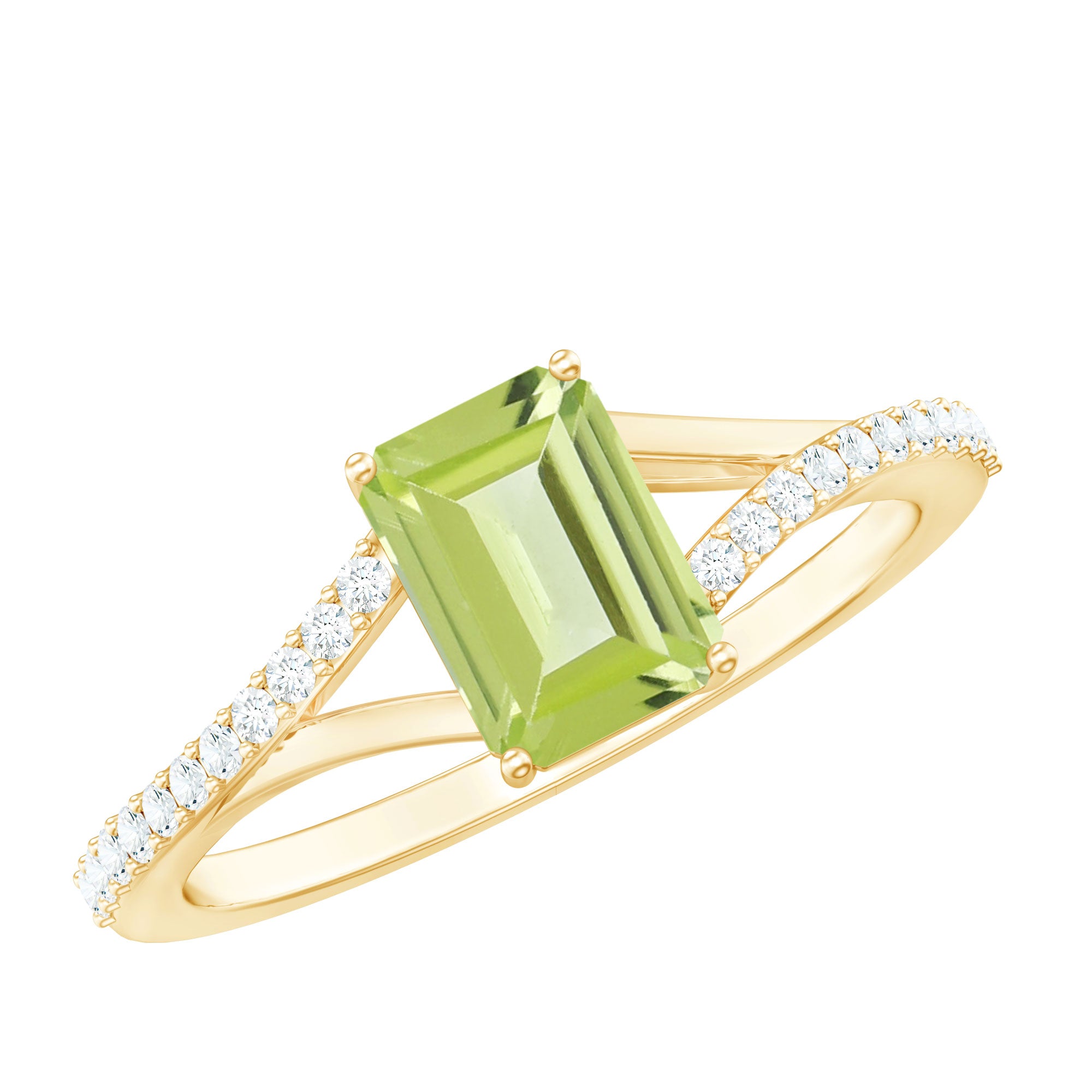 1.8 Carat Peridot Emerald Cut Engagement Ring with Diamond Split Shank AAA - Rosec Jewels