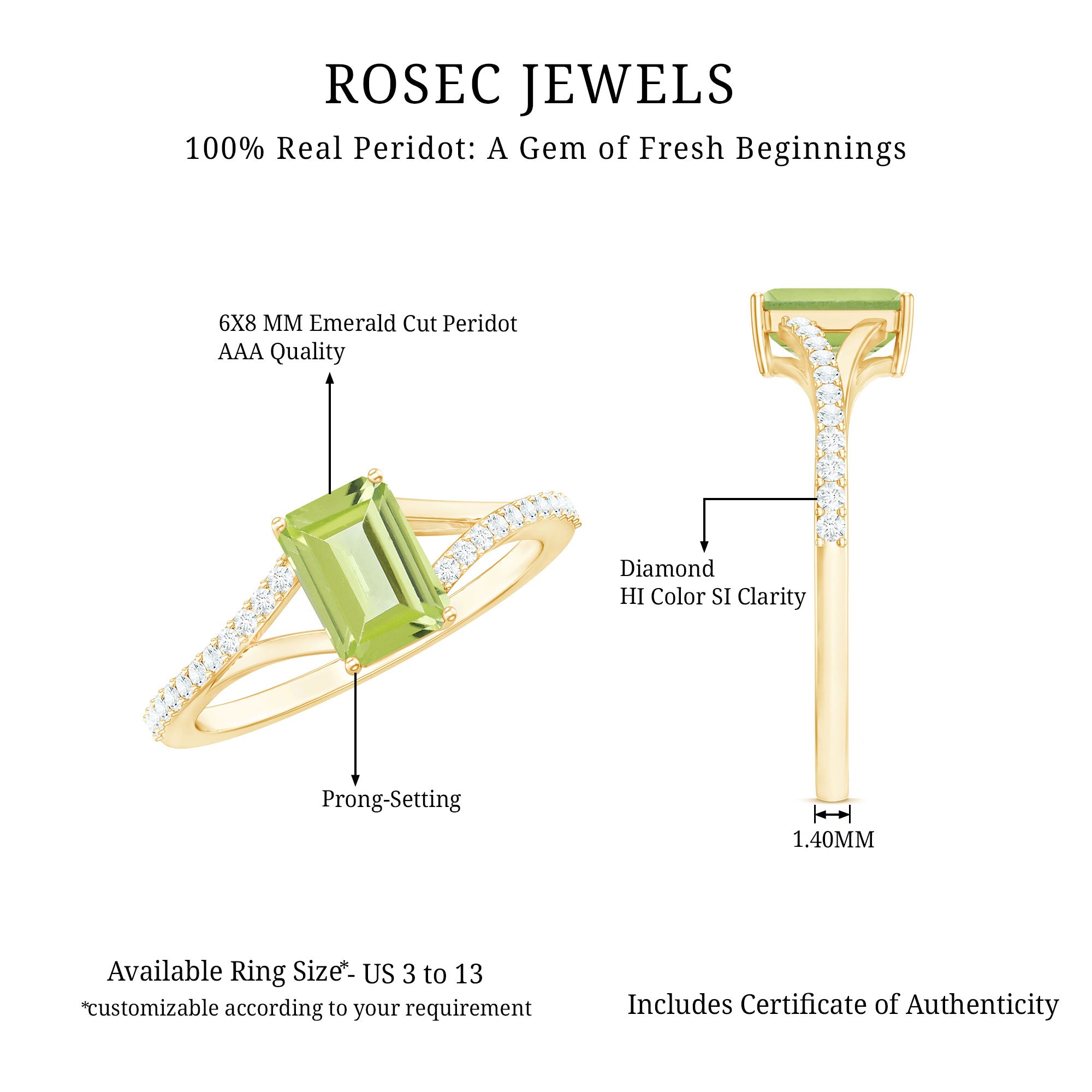 1.8 Carat Peridot Emerald Cut Engagement Ring with Diamond Split Shank AAA - Rosec Jewels