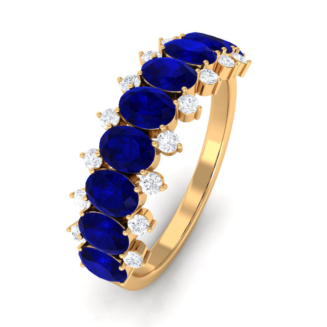 Rosec Jewels-Natural Oval Blue Sapphire Half Eternity Band with Diamond