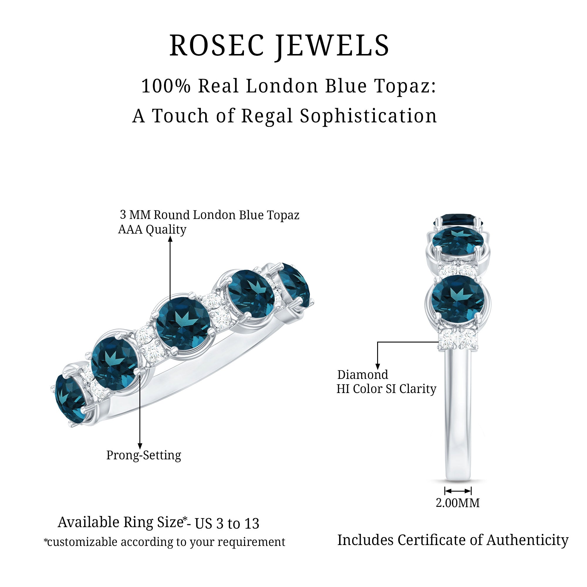 Round London Blue Topaz and Diamond Half Eternity Band AAA - Rosec Jewels