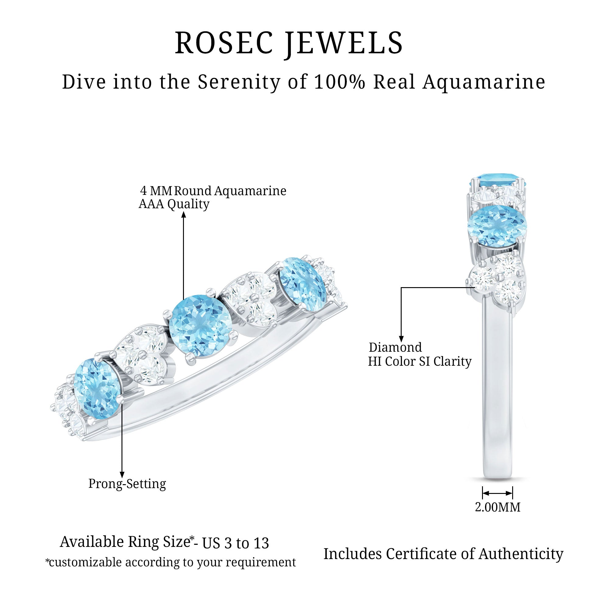 Aquamarine and Diamond Heart Shape Eternity Ring AAA - Rosec Jewels