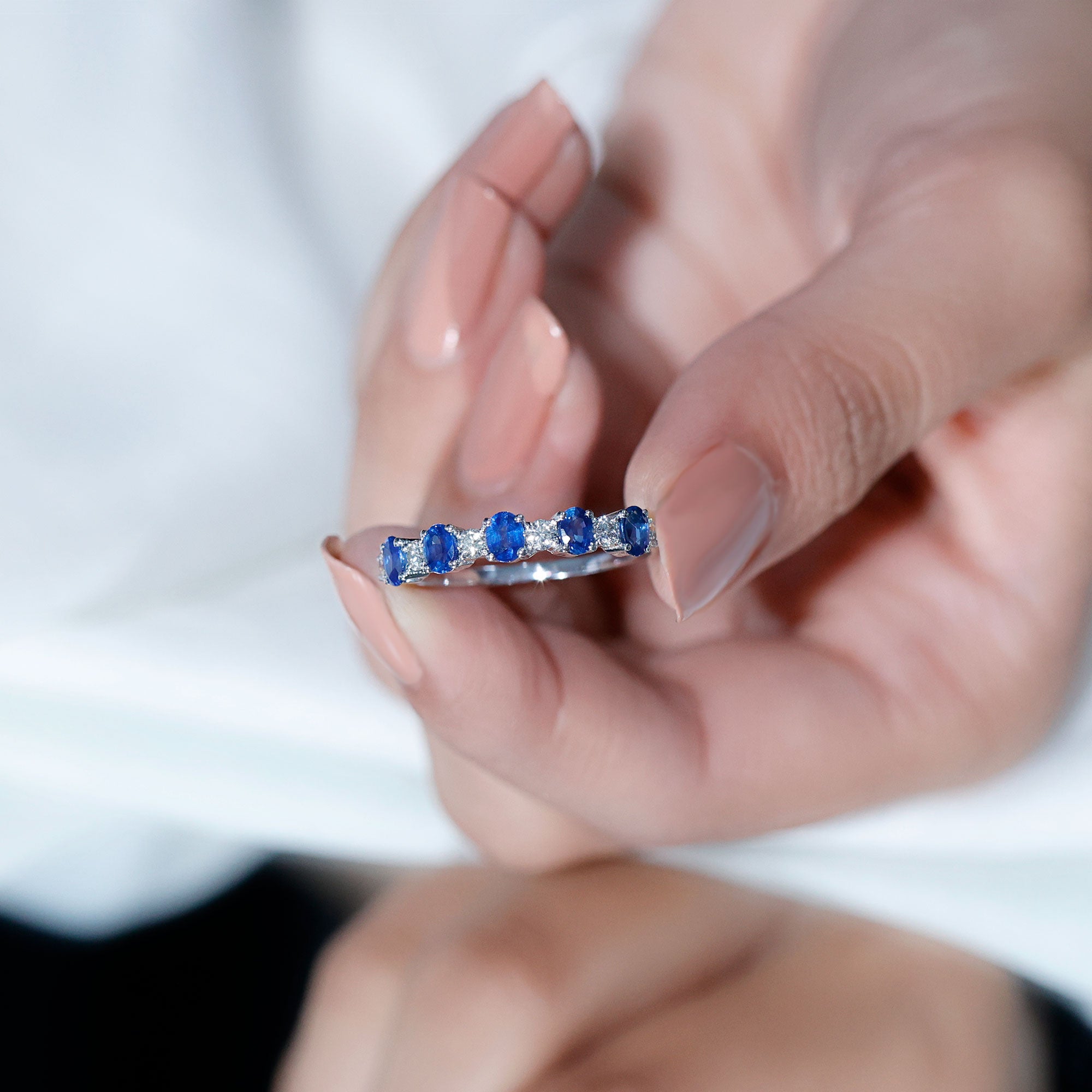 Rosec Jewels-Natural Oval Blue Sapphire Diamond Half Eternity Ring for Women