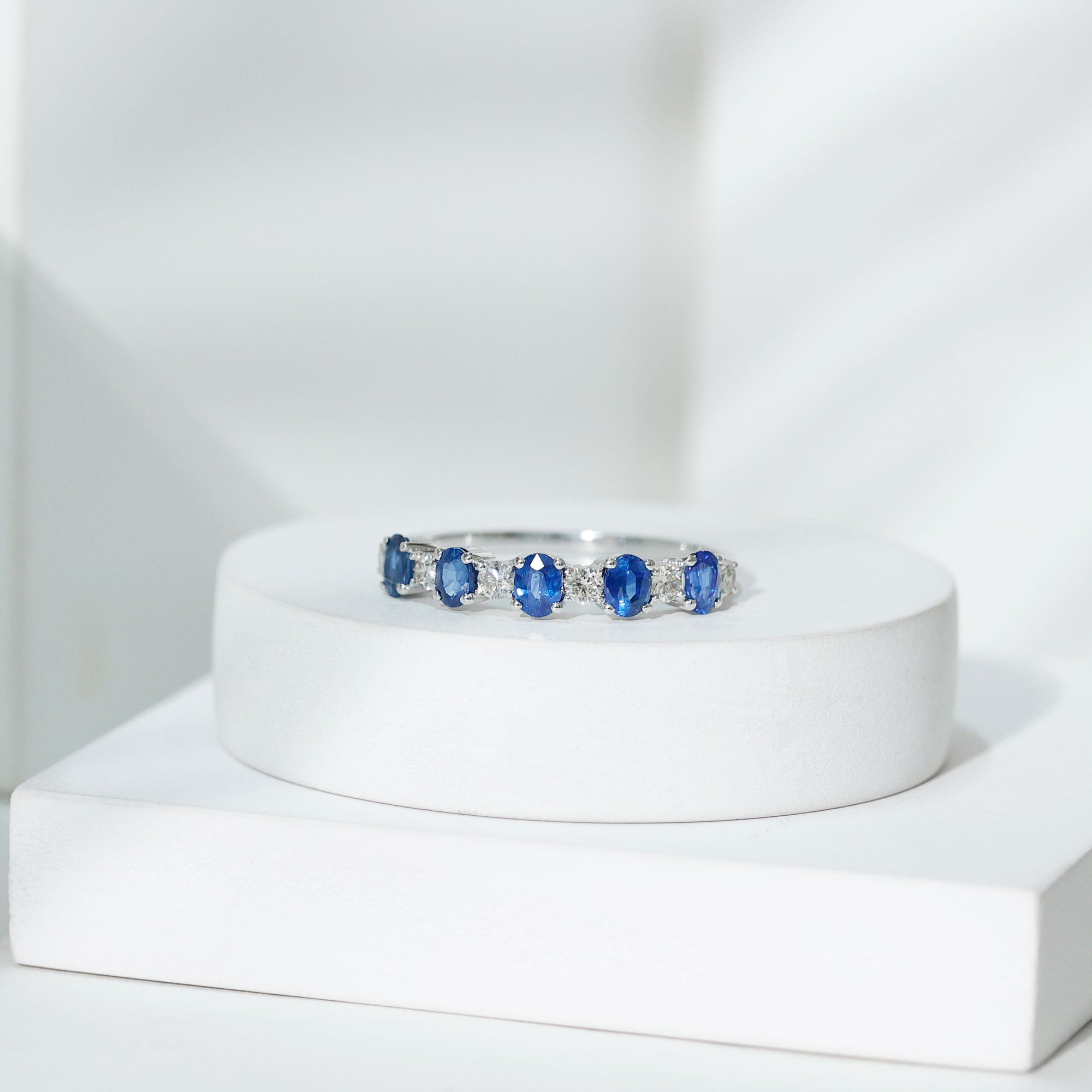 Rosec Jewels-Natural Oval Blue Sapphire Diamond Half Eternity Ring for Women