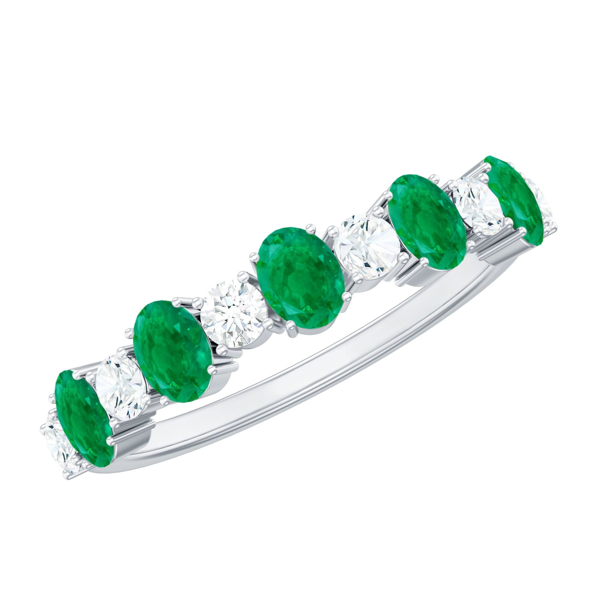 Oval Cut Emerald and Diamond Semi Eternity Ring AAA - Rosec Jewels