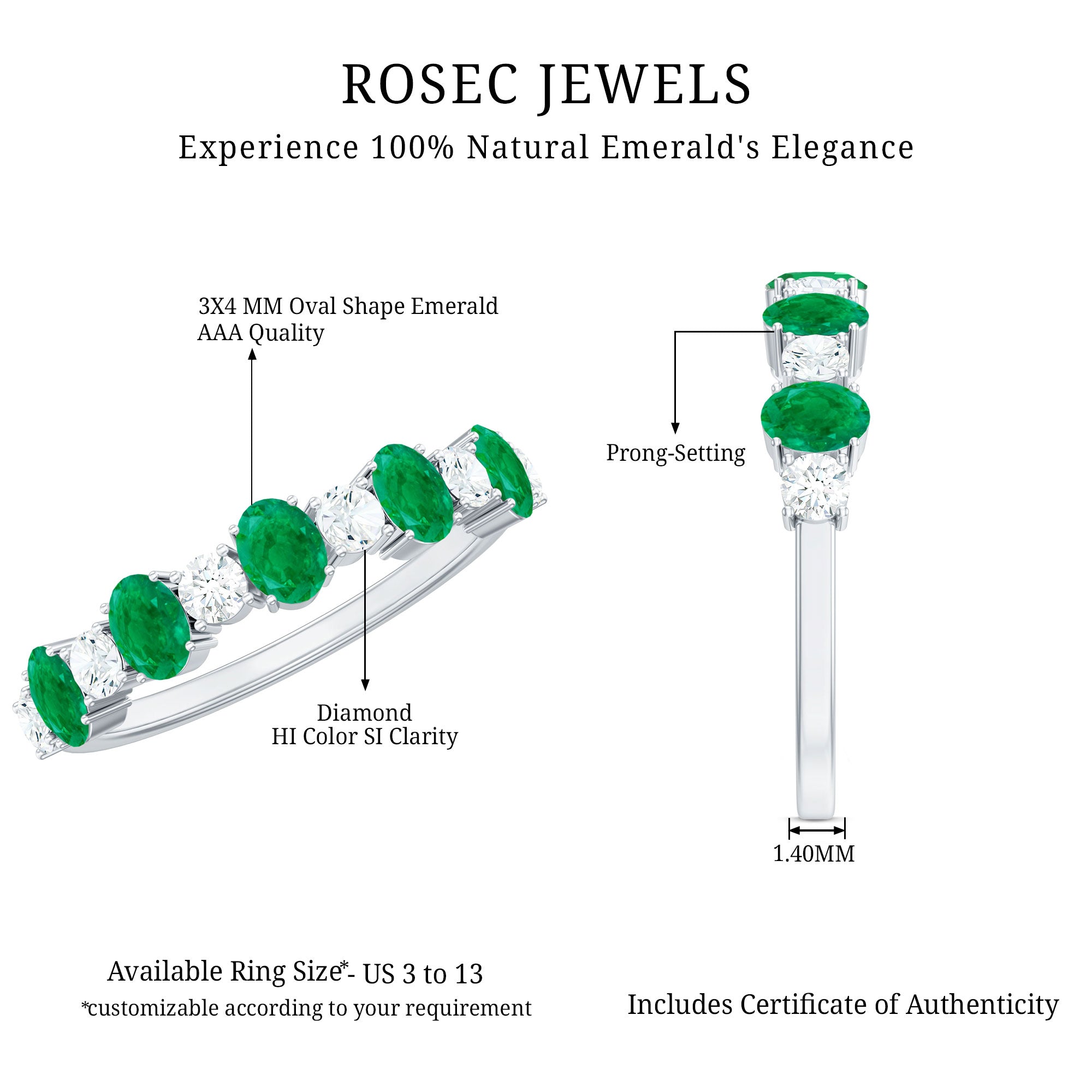 Oval Cut Emerald and Diamond Semi Eternity Ring AAA - Rosec Jewels