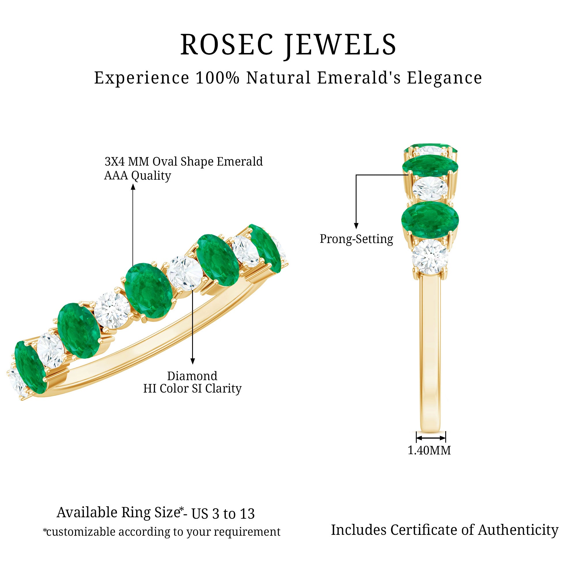 Oval Cut Emerald and Diamond Semi Eternity Ring AAA - Rosec Jewels