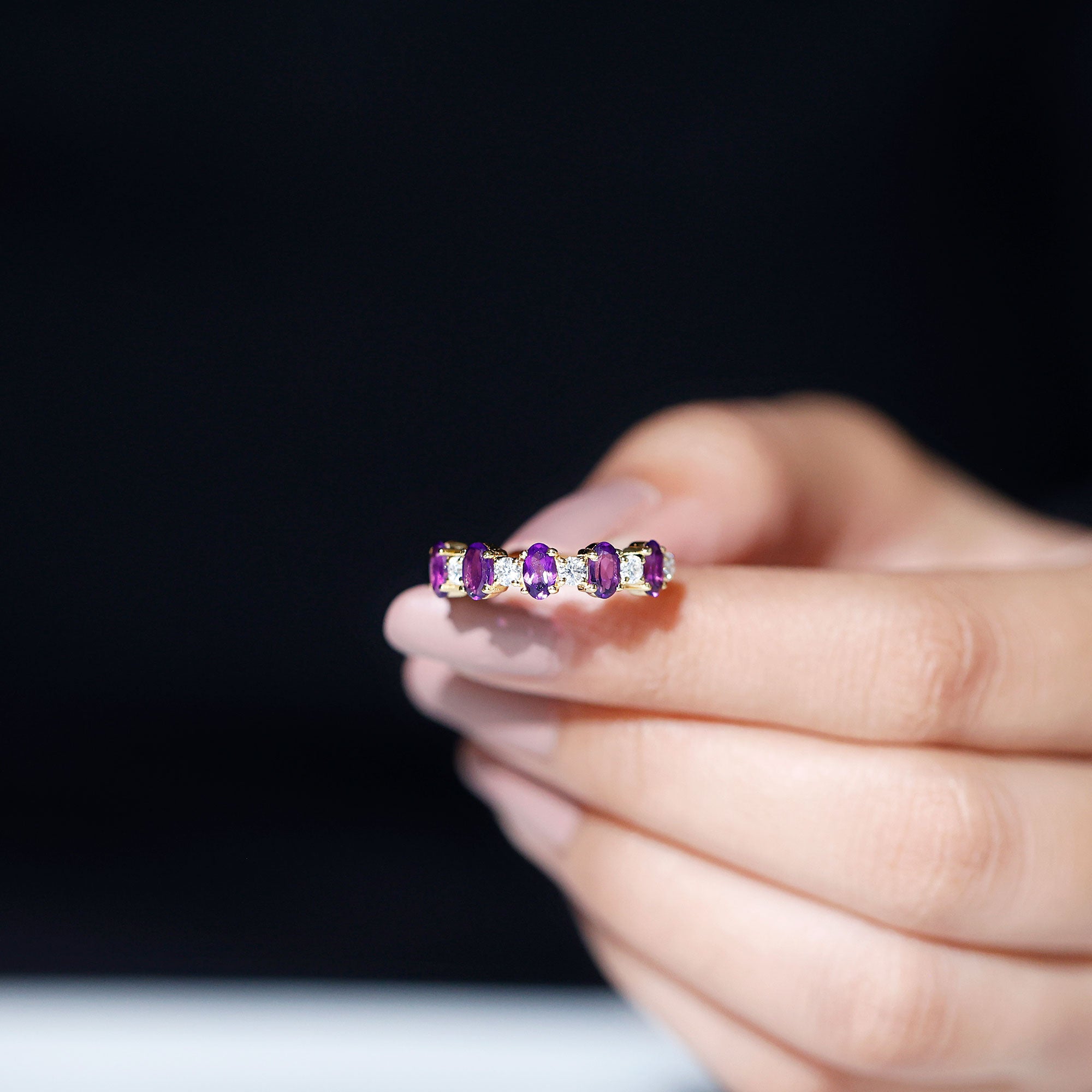 Rosec Jewels-Natural Oval Amethyst Diamond Half Eternity Ring for Women