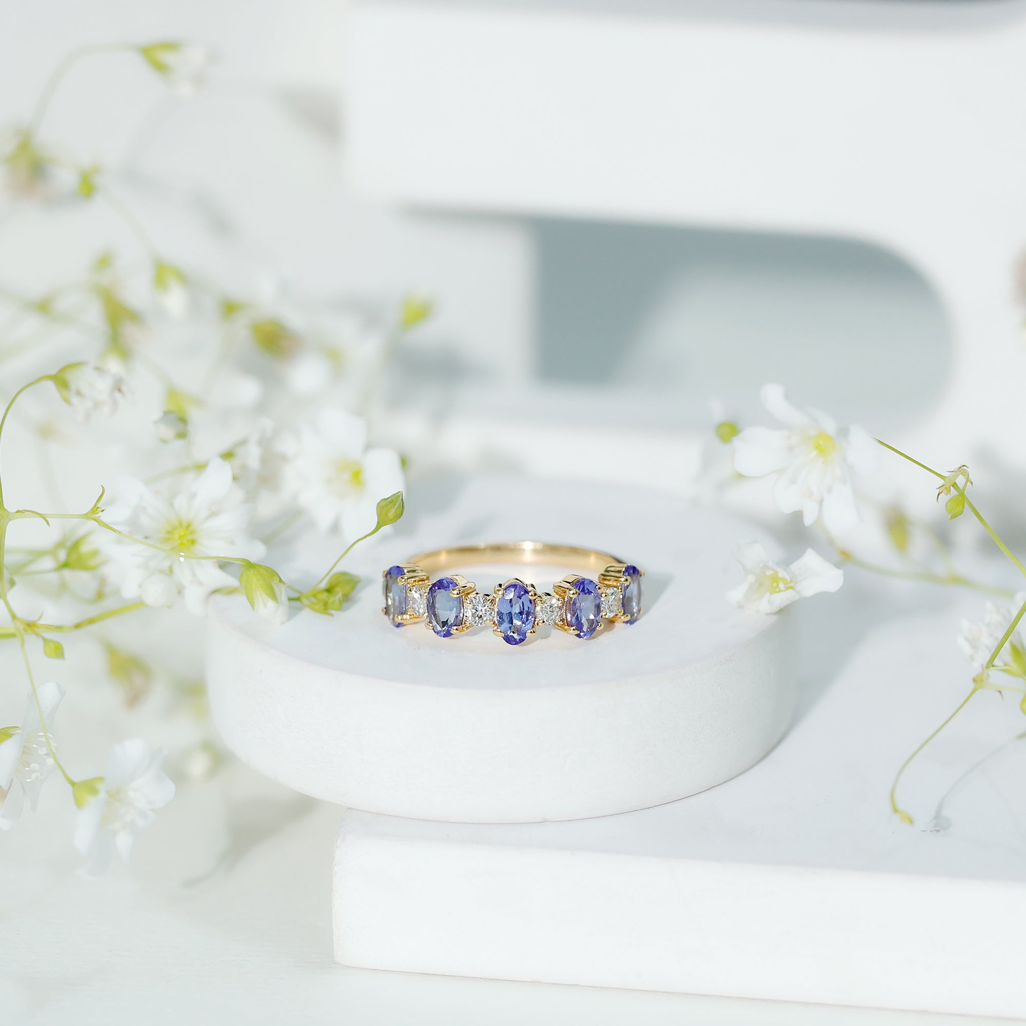 Rosec Jewels-Natural Tanzanite Half Eternity Ring with Diamond