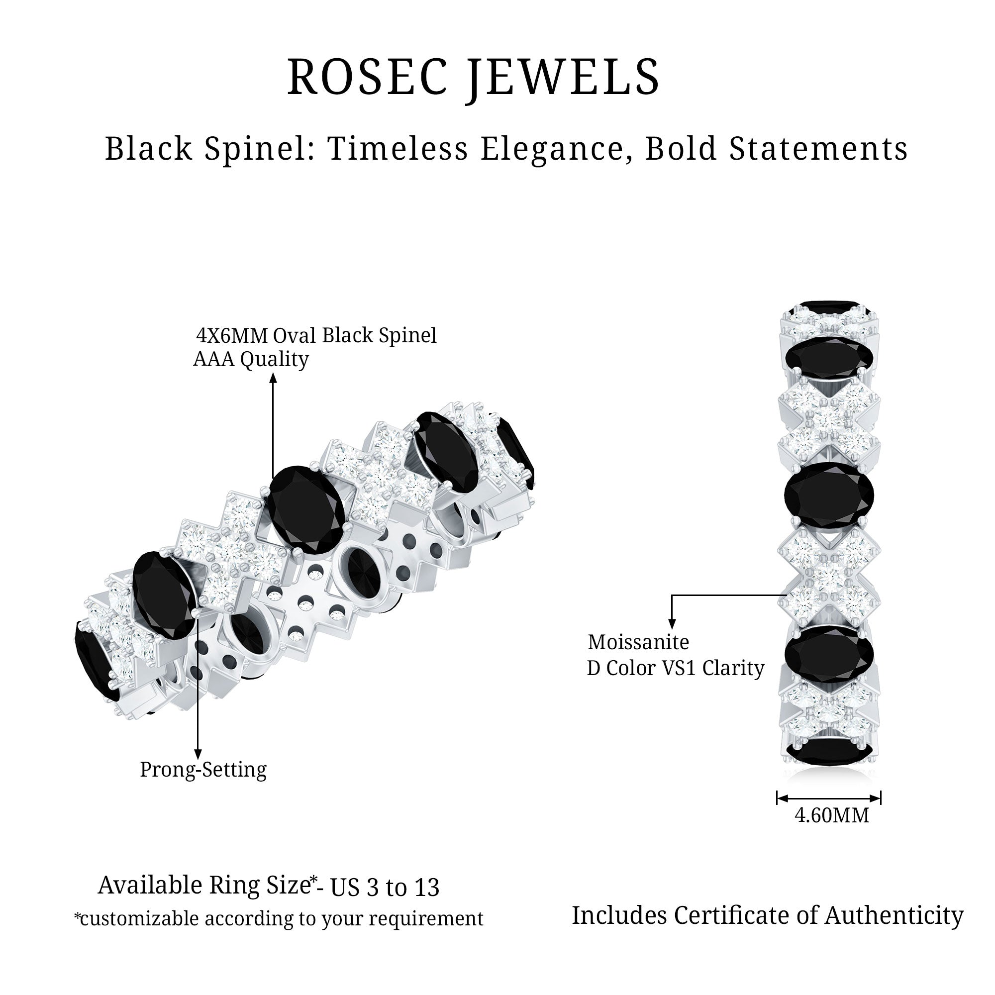 Certified Real Black Spinel Eternity Ring with Moissanite AAA - Rosec Jewels