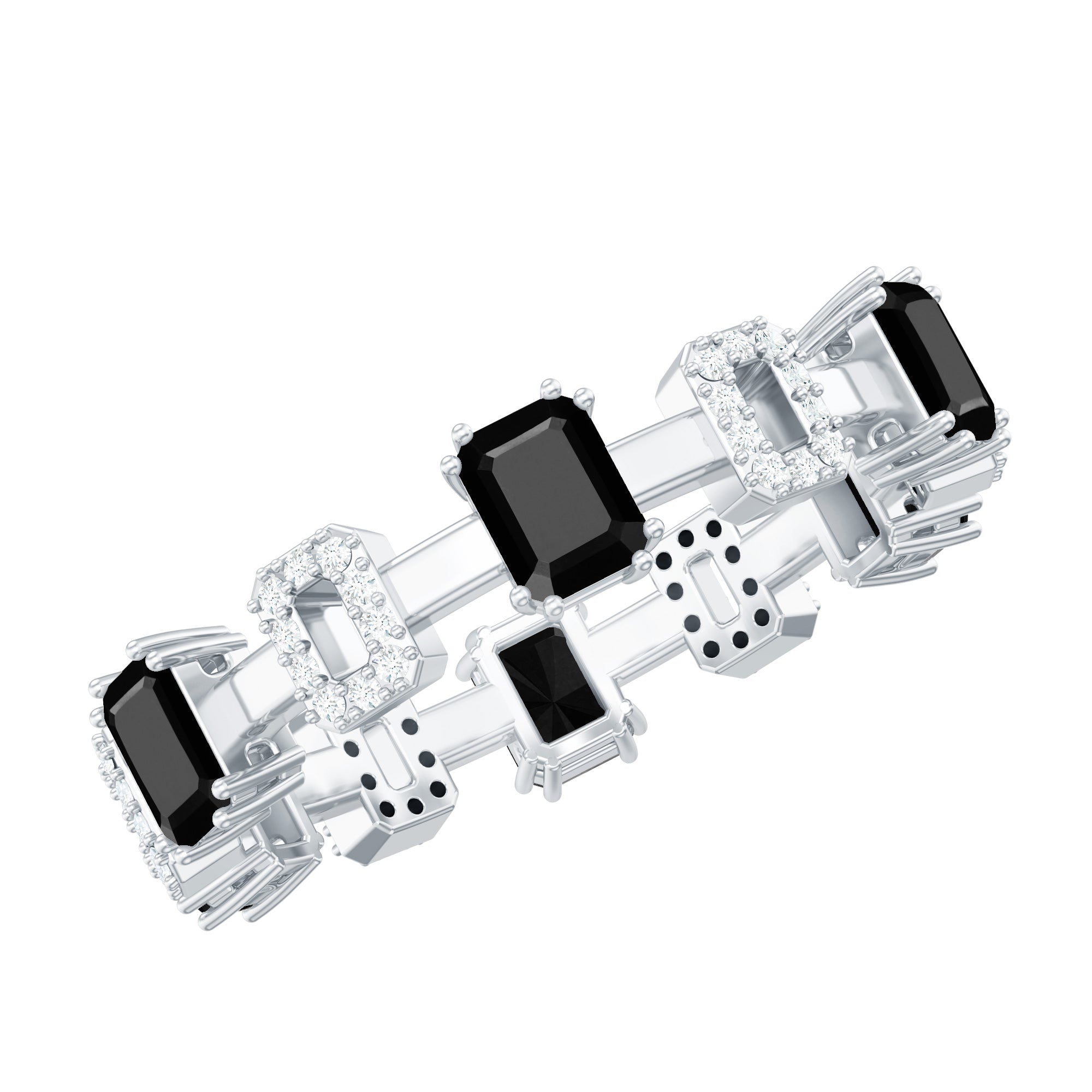 Contemporary Emerald Cut Onyx and Diamond Wedding Band AAA - Rosec Jewels