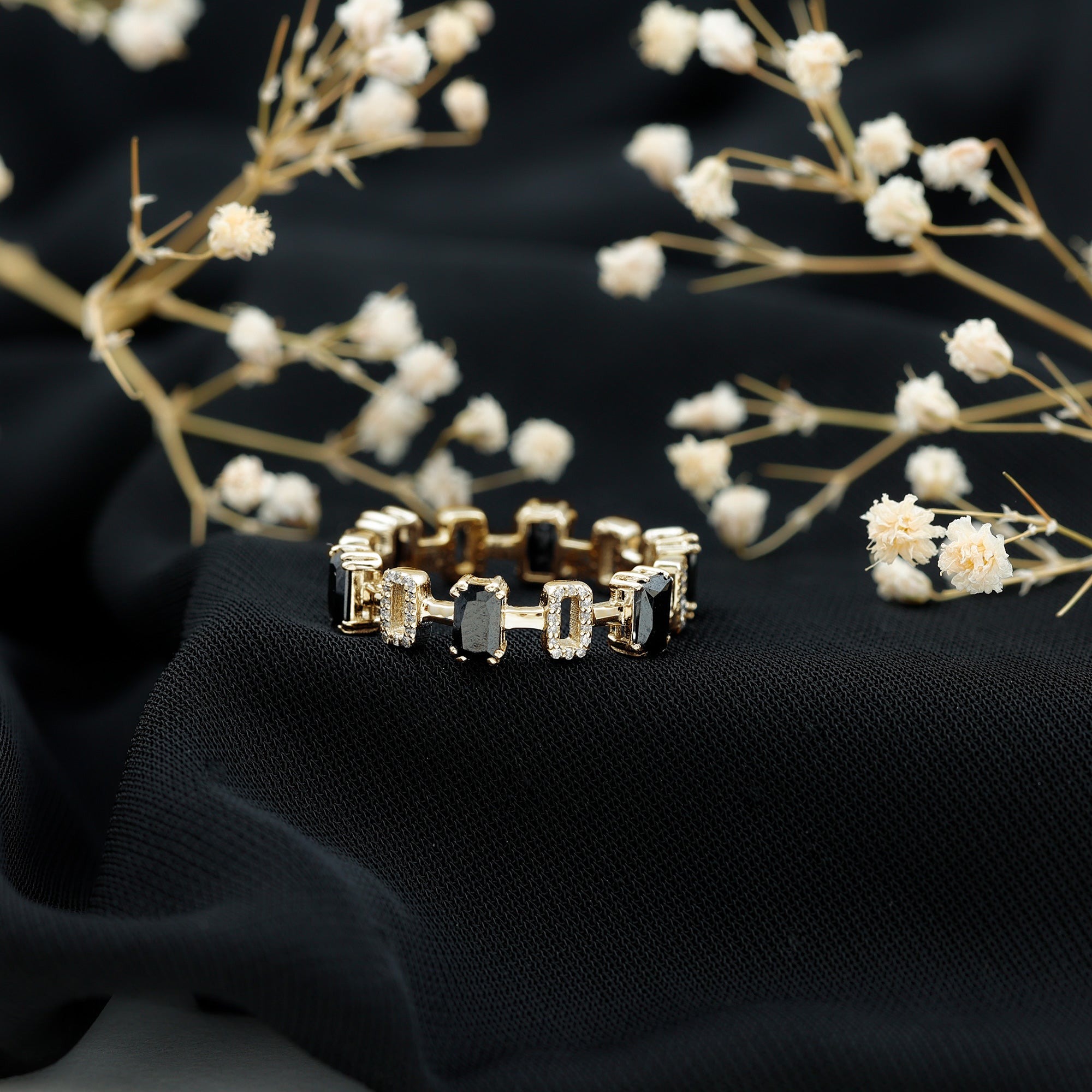 Contemporary Emerald Cut Onyx and Diamond Wedding Band AAA - Rosec Jewels