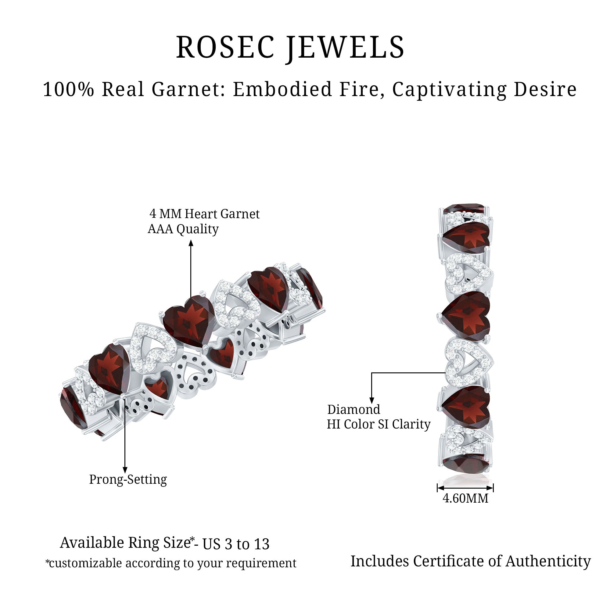 Rosec Jewels-Natural Garnet Diamond Heart Eternity Ring for Anniversary