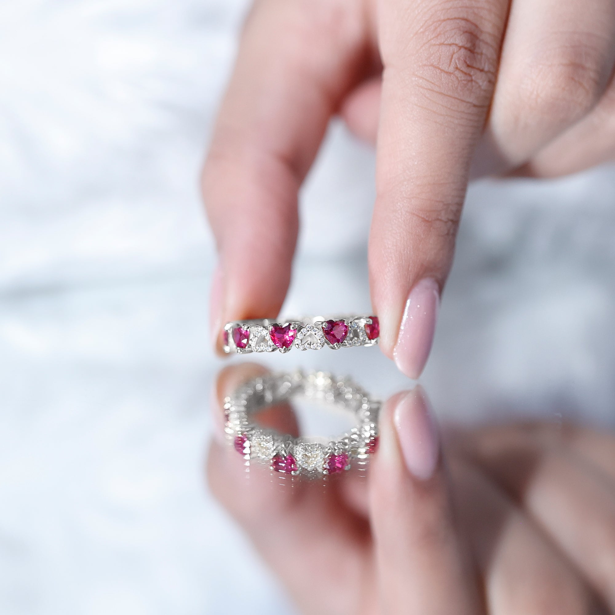 Lab-Created Ruby and Diamond Heart Eternity Band Ring AAAA - Rosec Jewels