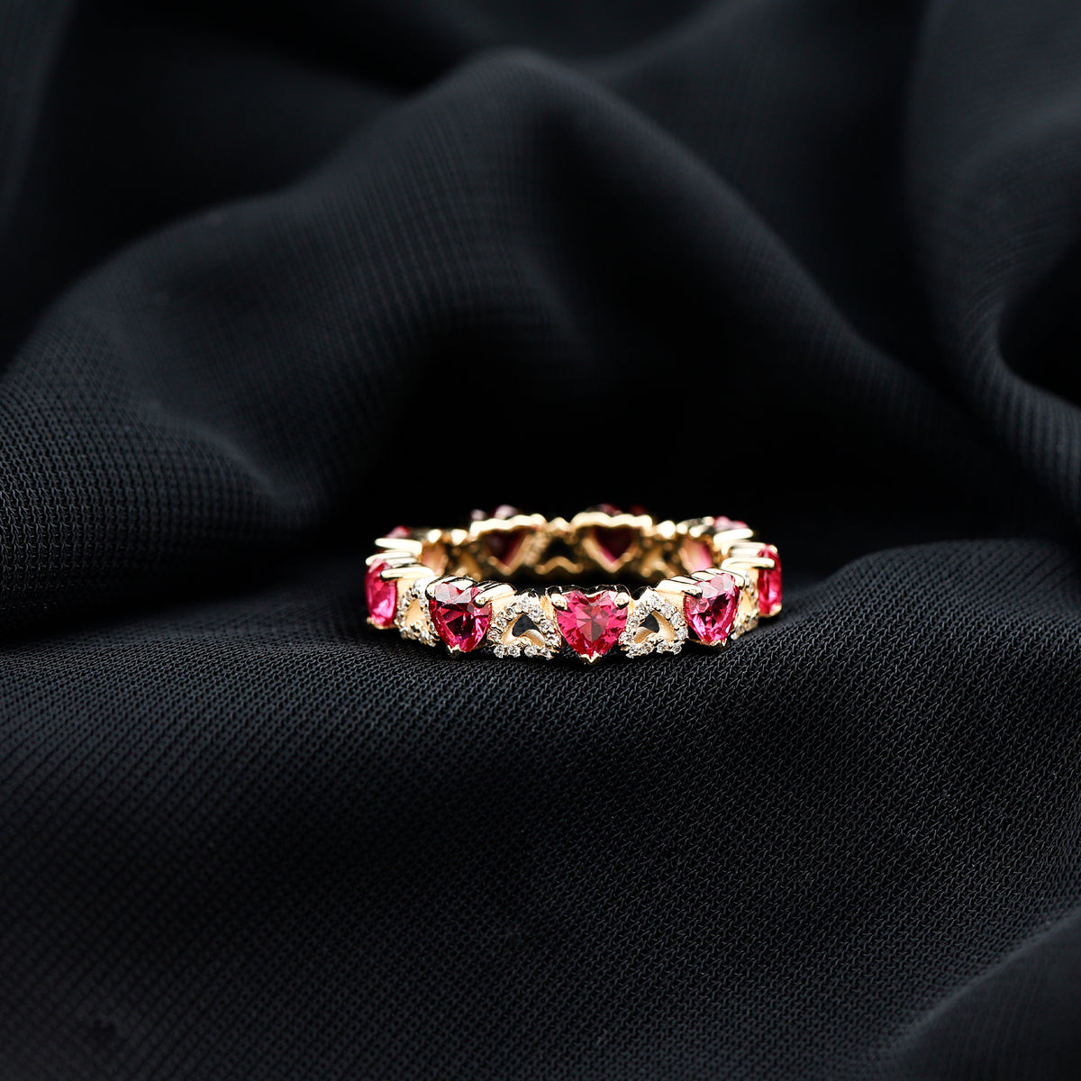 Lab-Created Ruby and Diamond Heart Eternity Band Ring AAAA - Rosec Jewels